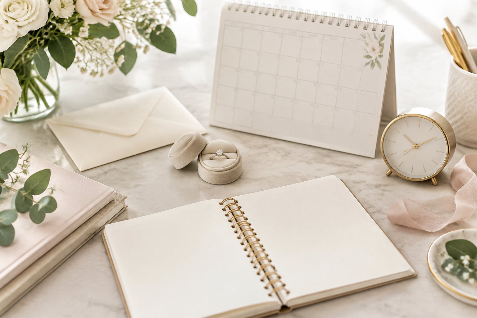 Wedding planning items arranged on a desk beside flowers, an engagement ring, and a calendar.