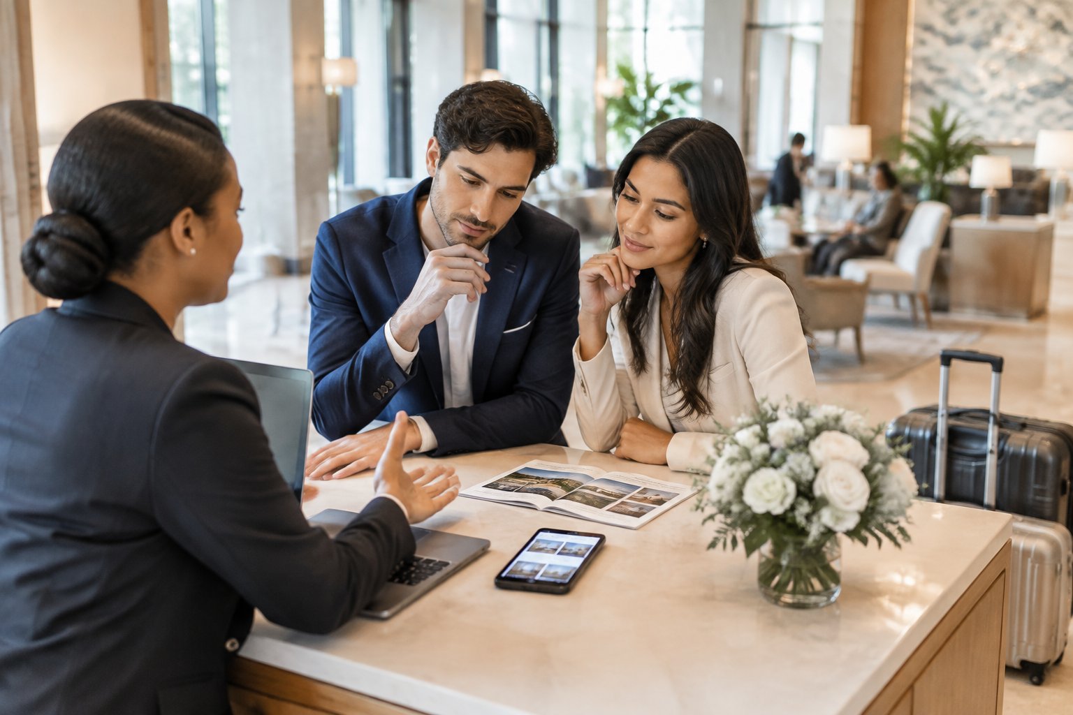 A couple discusses hotel accommodations with a coordinator in an elegant hotel lobby.