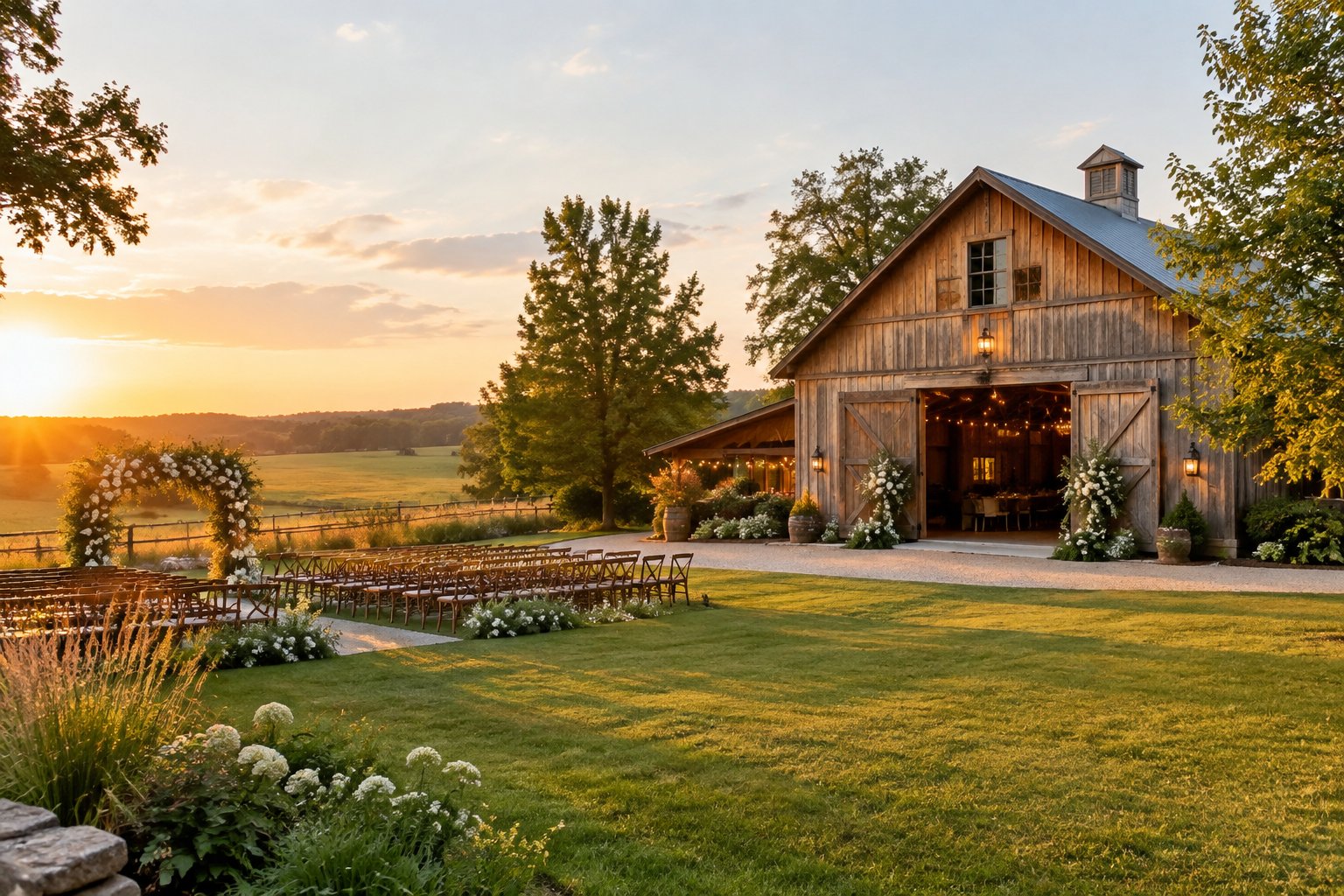 A rustic wooden barn wedding venue surrounded by a meadow, trees, floral decorations, and outdoor ceremony chairs.