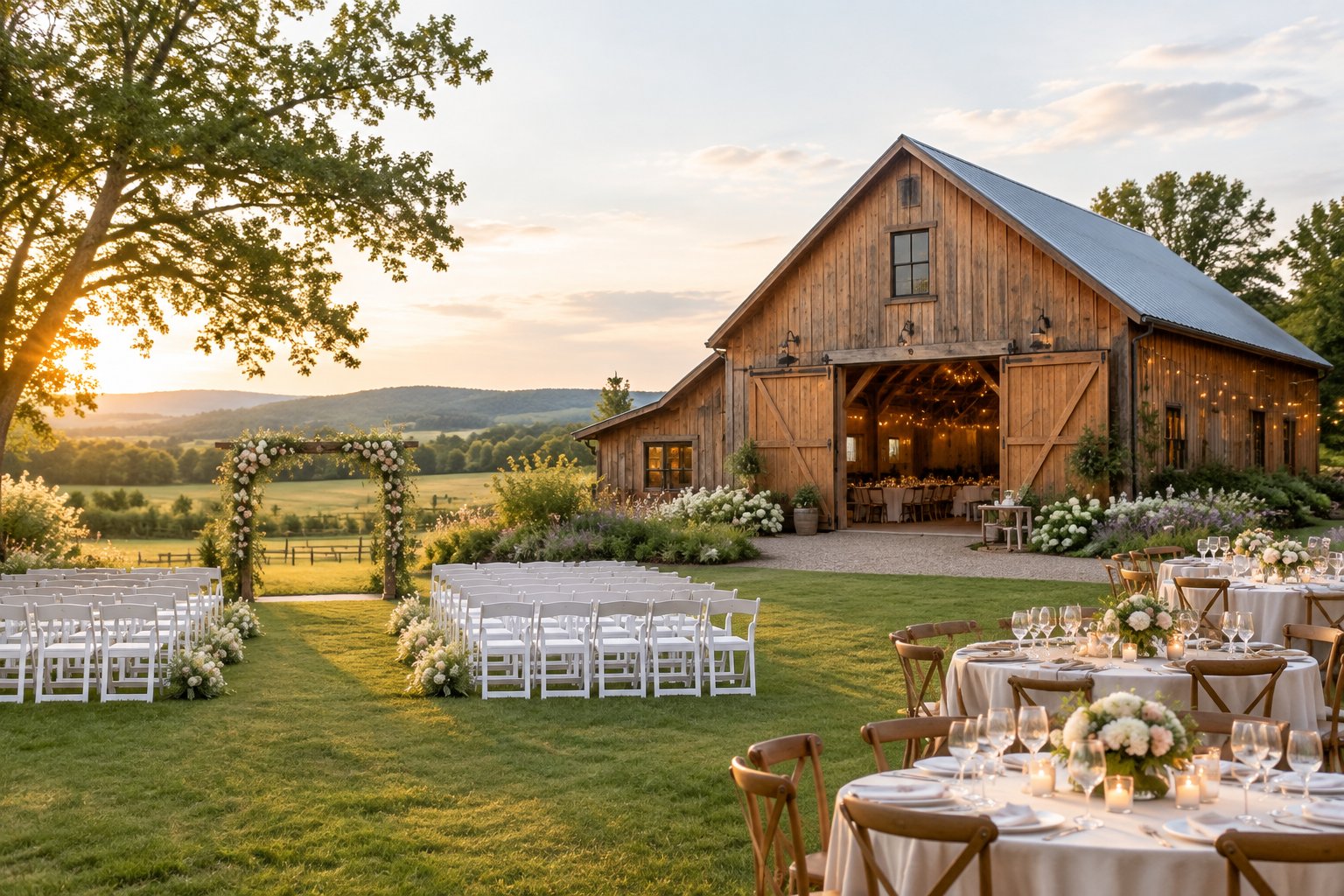 A rustic country barn wedding venue with an outdoor ceremony setup surrounded by green fields and flowers.