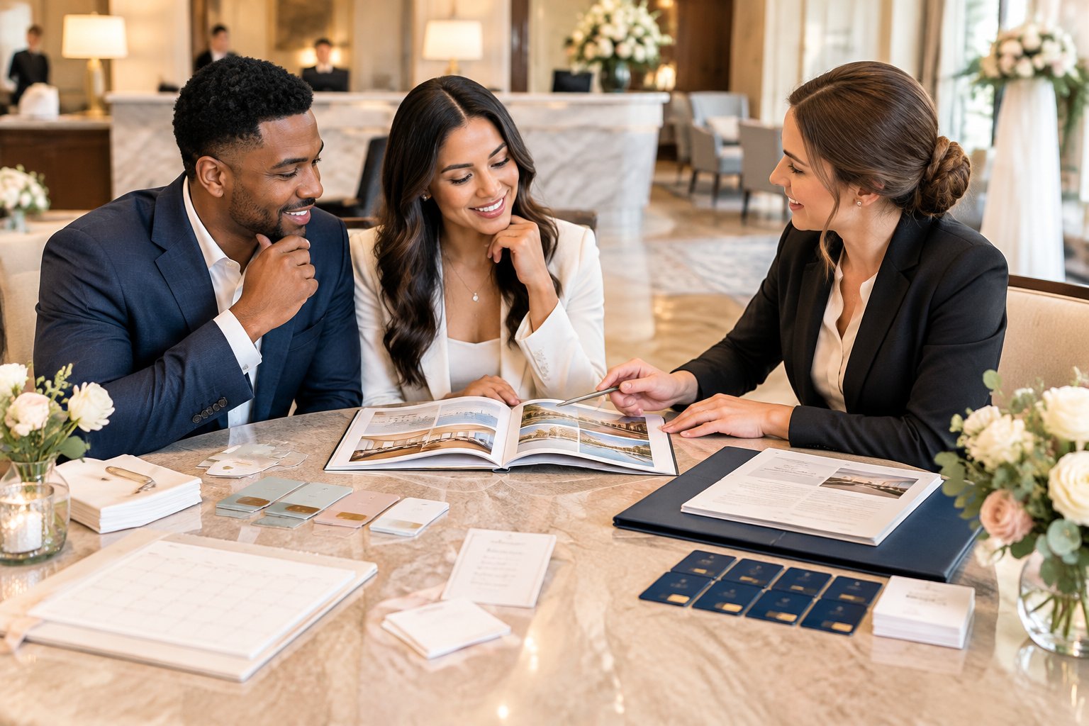 A couple and wedding planner compare hotel accommodation arrangements during a planning meeting.