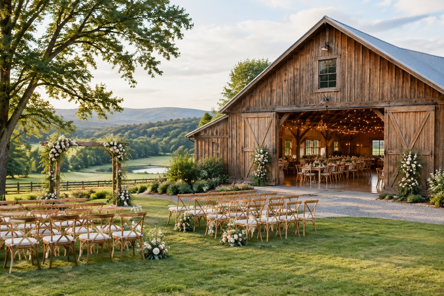 A country barn wedding venue with an outdoor ceremony setup and an elegant reception space.