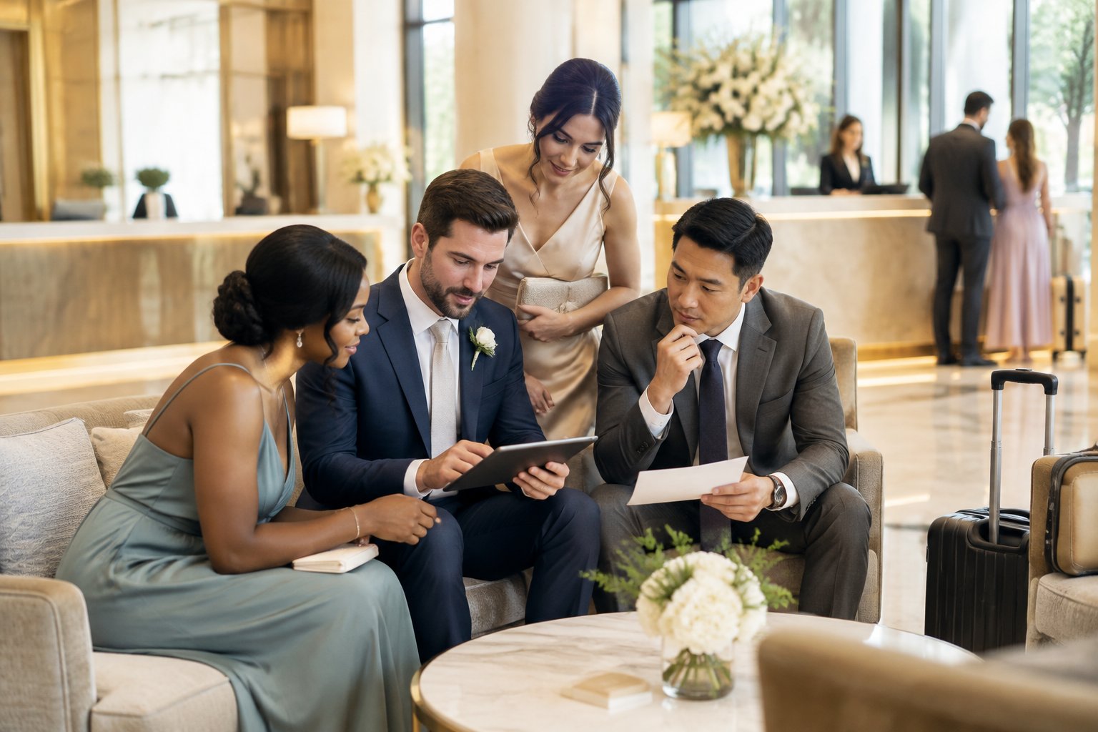 Wedding guests discuss hotel room arrangements in an elegant hotel lobby.
