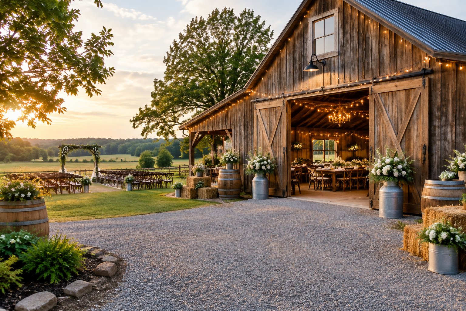 A decorated country barn wedding venue with outdoor ceremony seating, floral arrangements, and a rustic reception setup.
