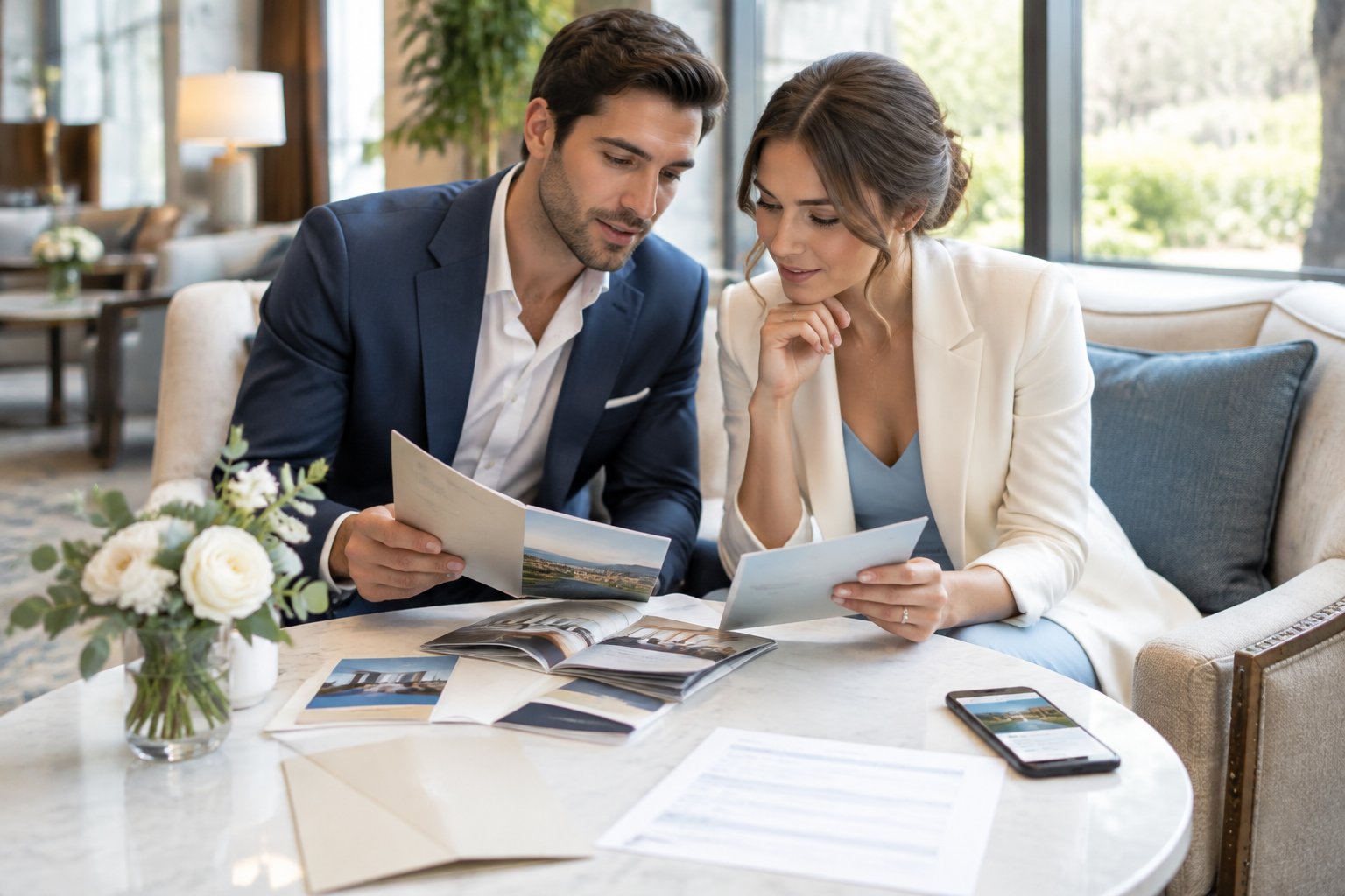 An engaged couple compares hotel accommodation options at a table in an elegant hotel lobby.