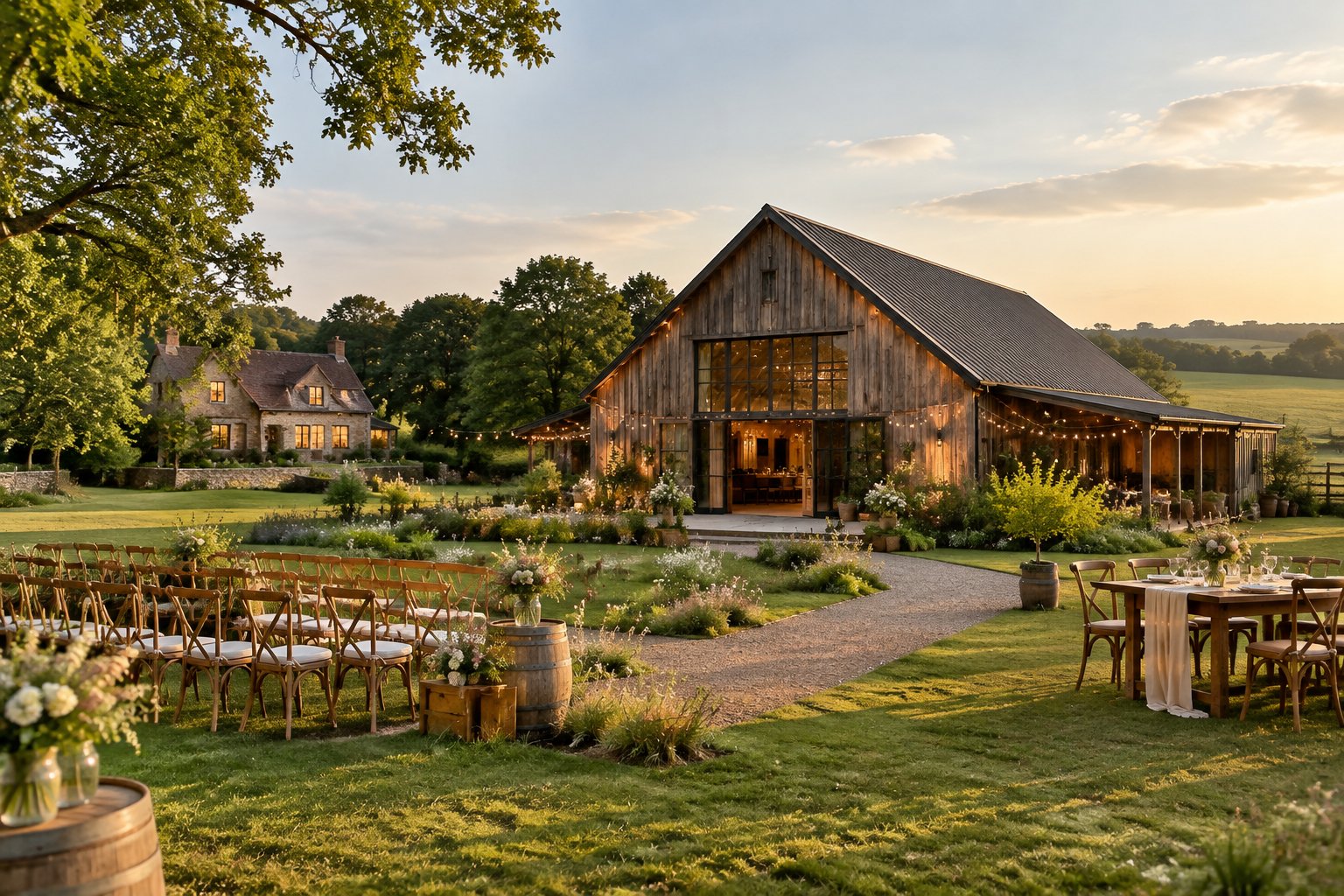 A rustic country barn wedding venue with outdoor seating, floral decorations, surrounding meadows, and nearby guest accommodation.