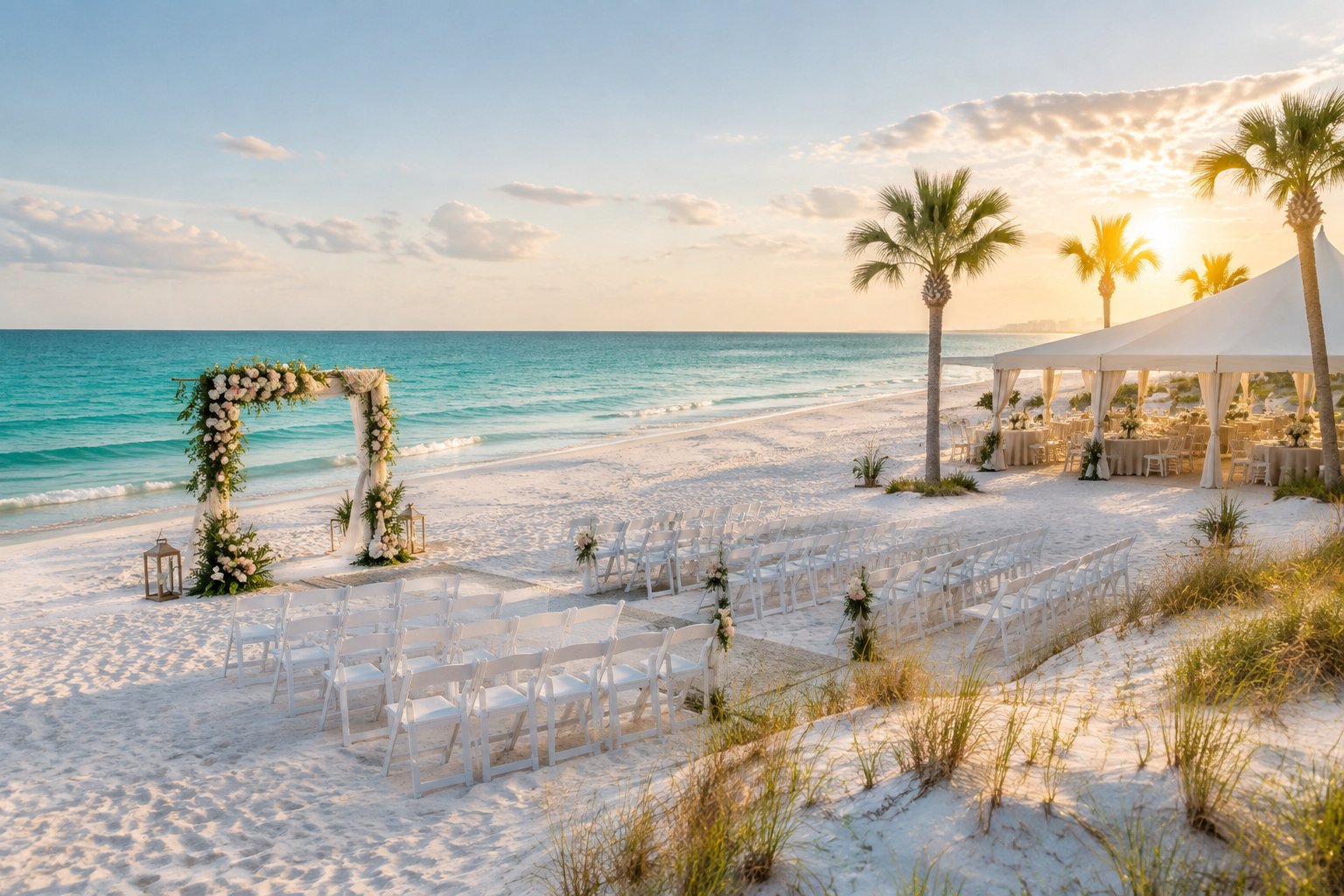 Elegant wedding ceremony setup on a white-sand beach beside calm emerald-green water in Destin.