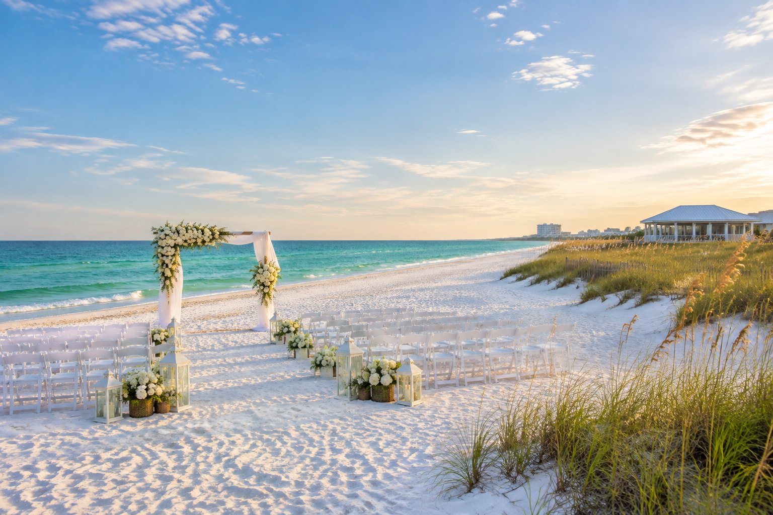Elegant wedding ceremony setup on a white-sand beach beside turquoise coastal waters.