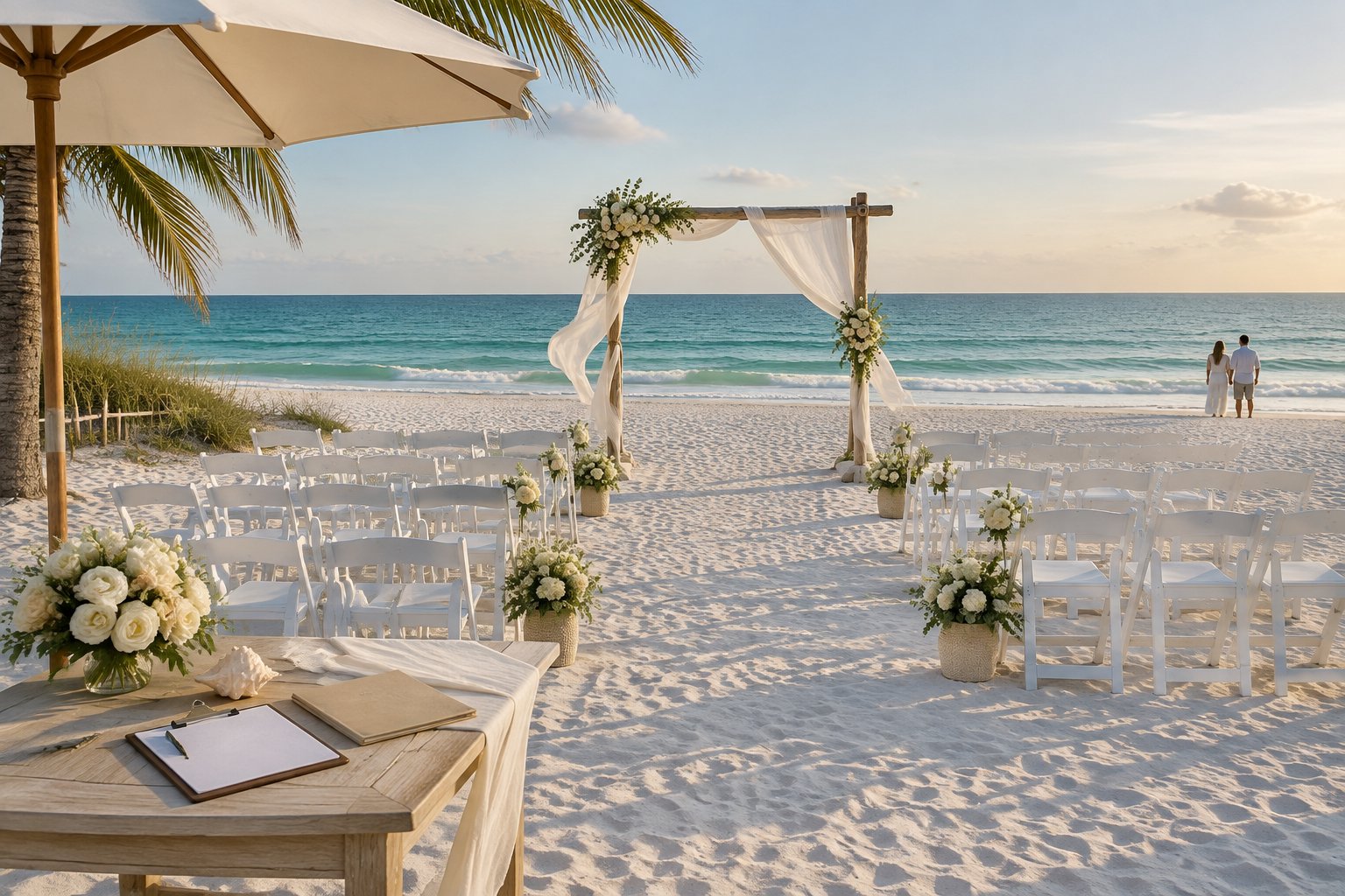 A beach wedding ceremony setup with white chairs, a floral arbor, and the Gulf shoreline in the background.