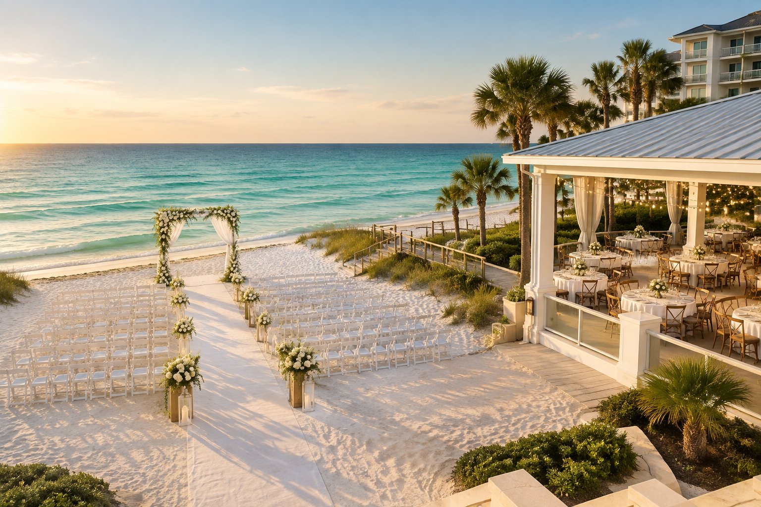 An elegant beachfront resort venue in Destin with a wedding ceremony setup and a decorated reception terrace overlooking the Gulf.