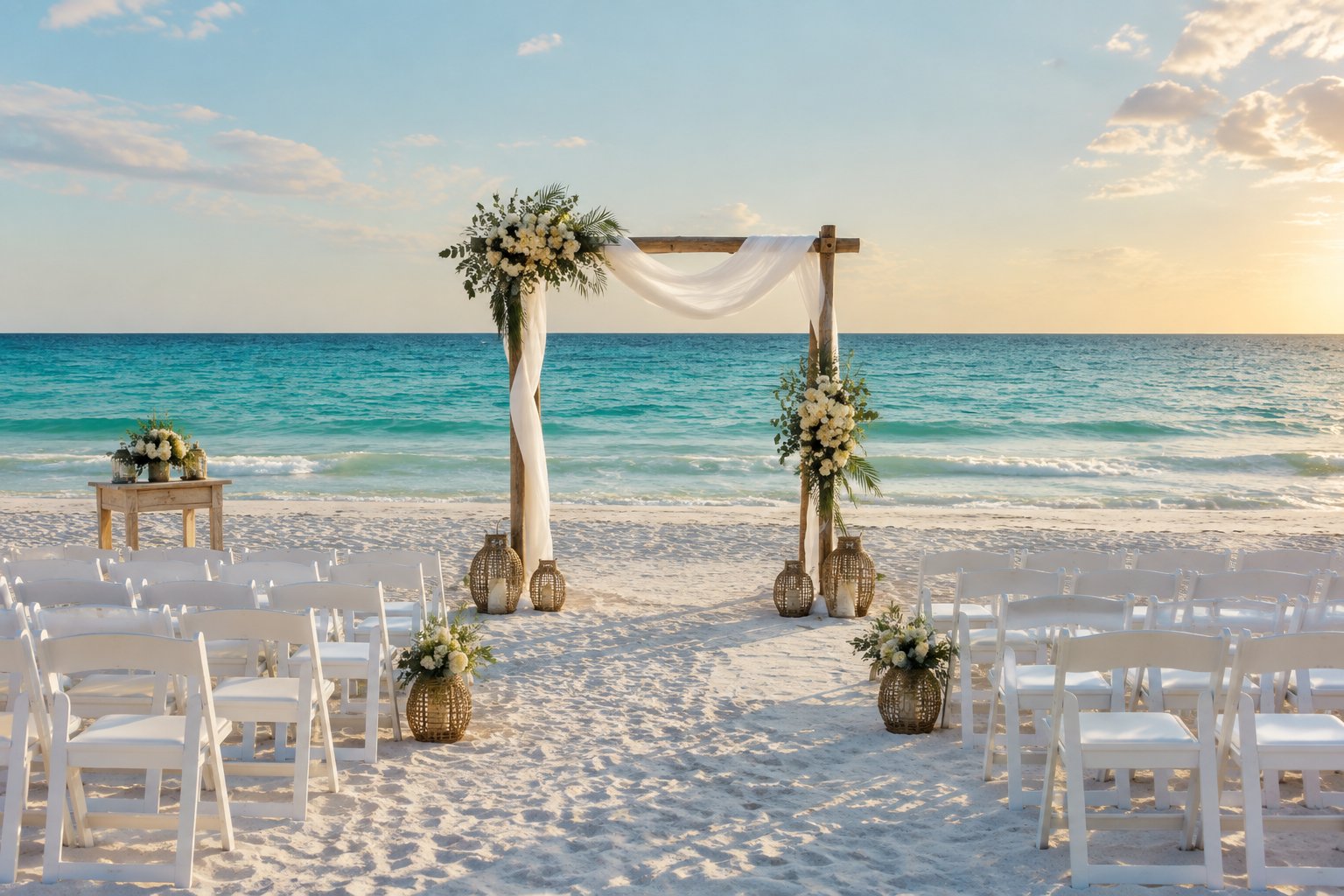 An elegant intimate wedding ceremony setup on a white-sand beach beside turquoise Gulf waters.