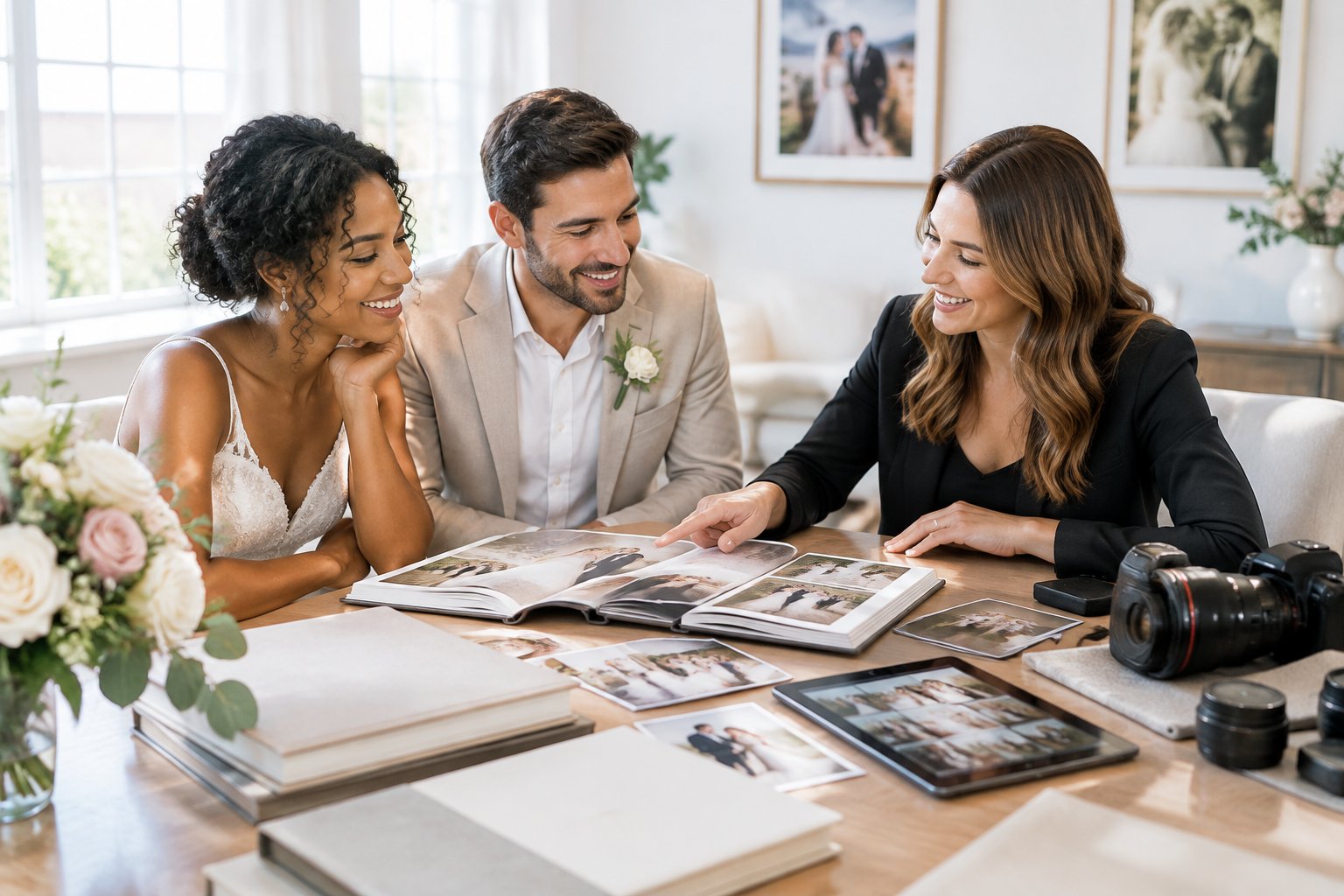 A couple reviews wedding photo albums and photography equipment with a professional photographer at a bright studio table.