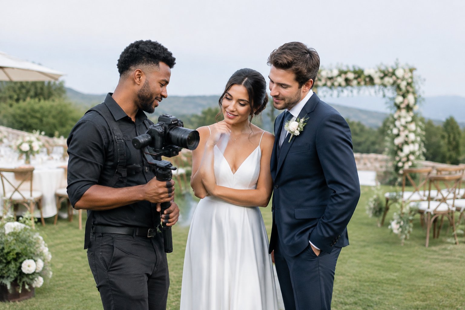 An engaged couple discusses wedding videography with a professional videographer at an outdoor wedding venue.