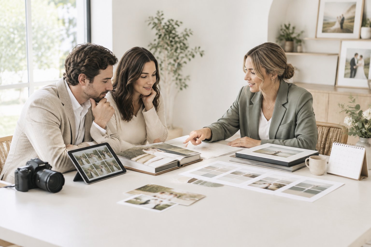 A couple reviews wedding photography package options with a photographer at a table.