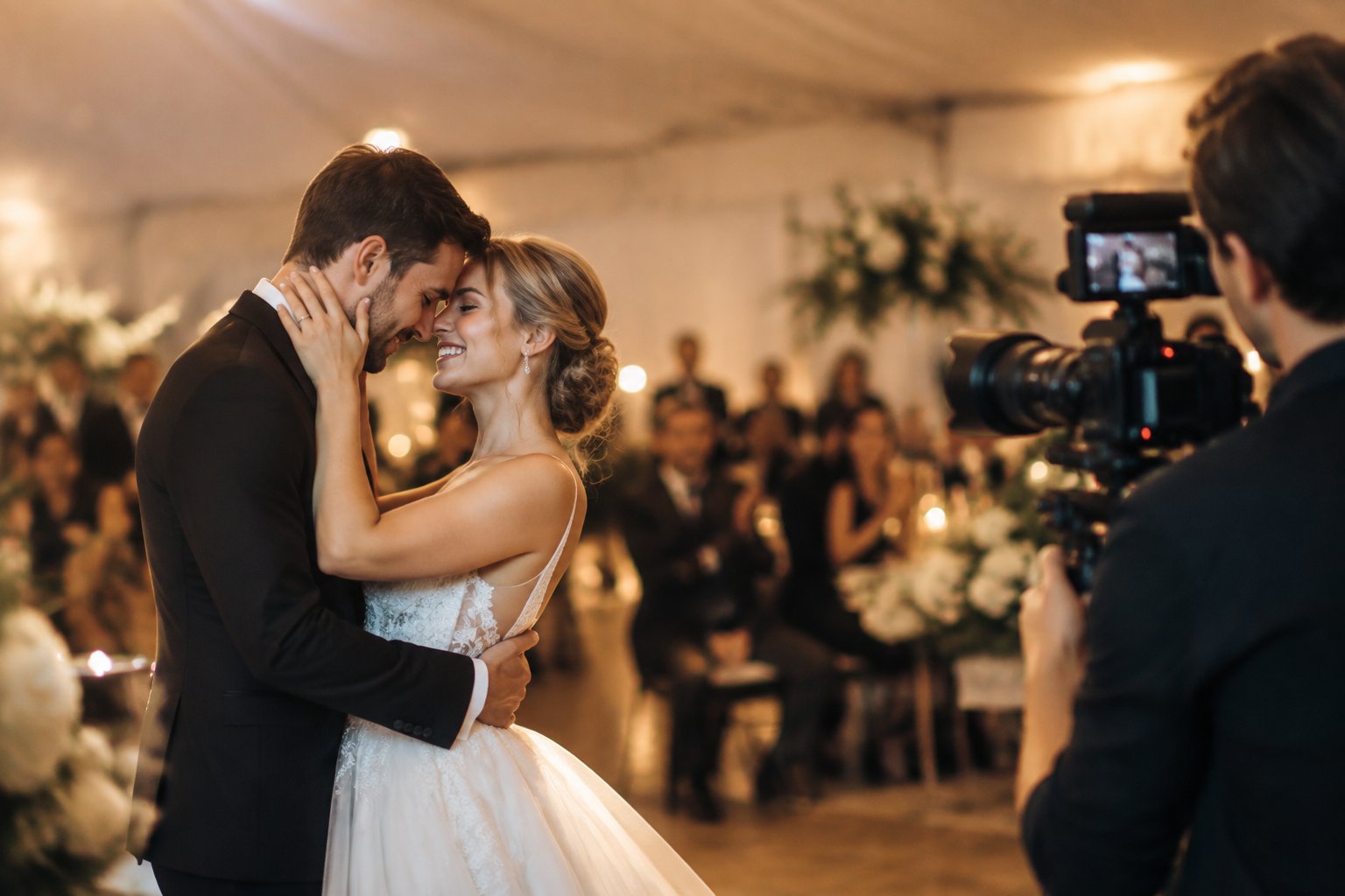 A newlywed couple shares an emotional moment at their reception while a videographer records them.