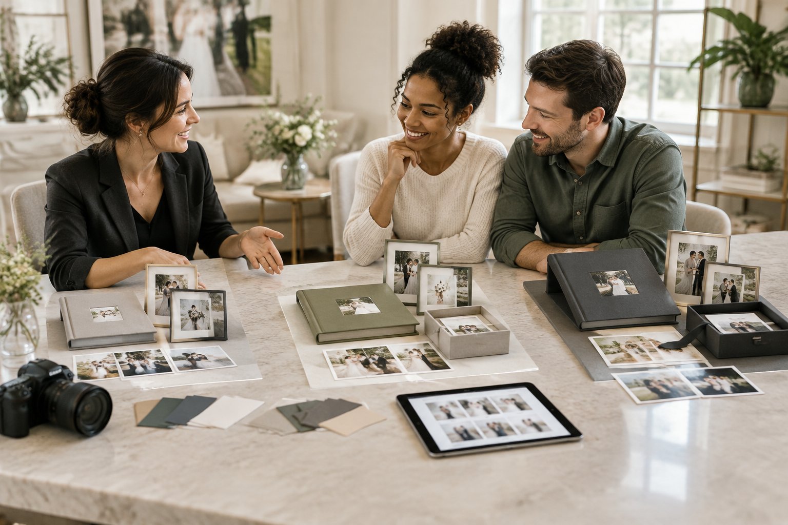 A couple discusses three wedding photography package options with a photographer at a table displaying albums, prints, and photo boxes.