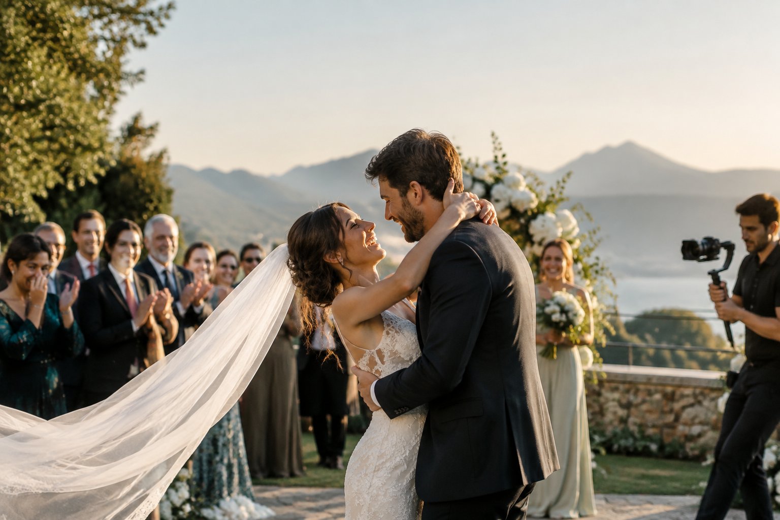 Newlyweds embrace joyfully after their ceremony as guests celebrate and a videographer records the moment.