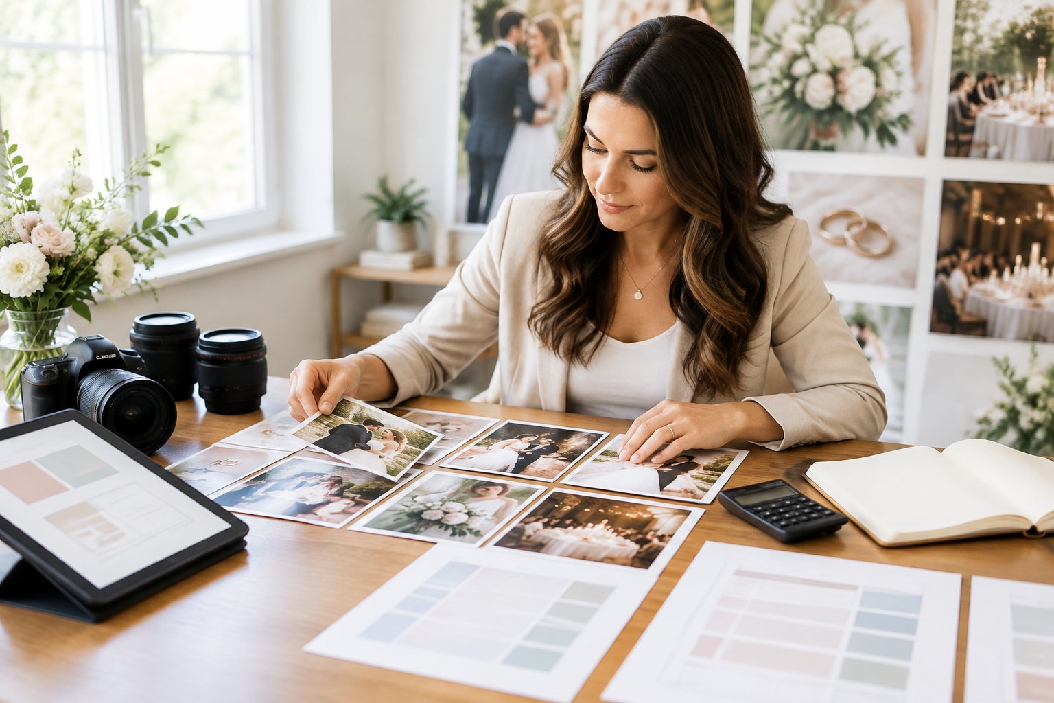 Wedding photographer organizing photographs and planning materials at a professional workspace.