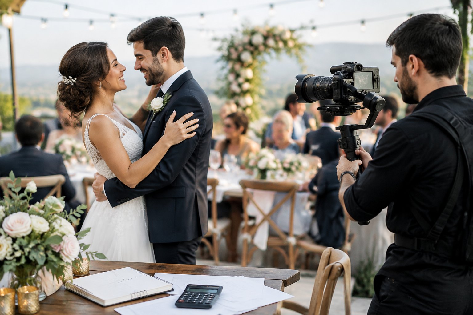 A newlywed couple embraces at a wedding reception while a videographer records them, with wedding planning materials on a nearby table.