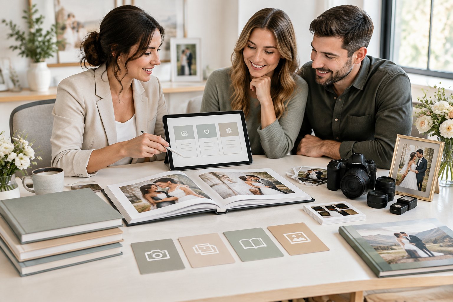 A wedding photographer and engaged couple review organized photography package materials and optional services at a studio table.