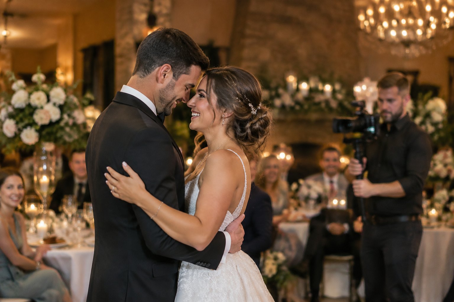 A videographer records a joyful newlywed couple during their wedding reception.