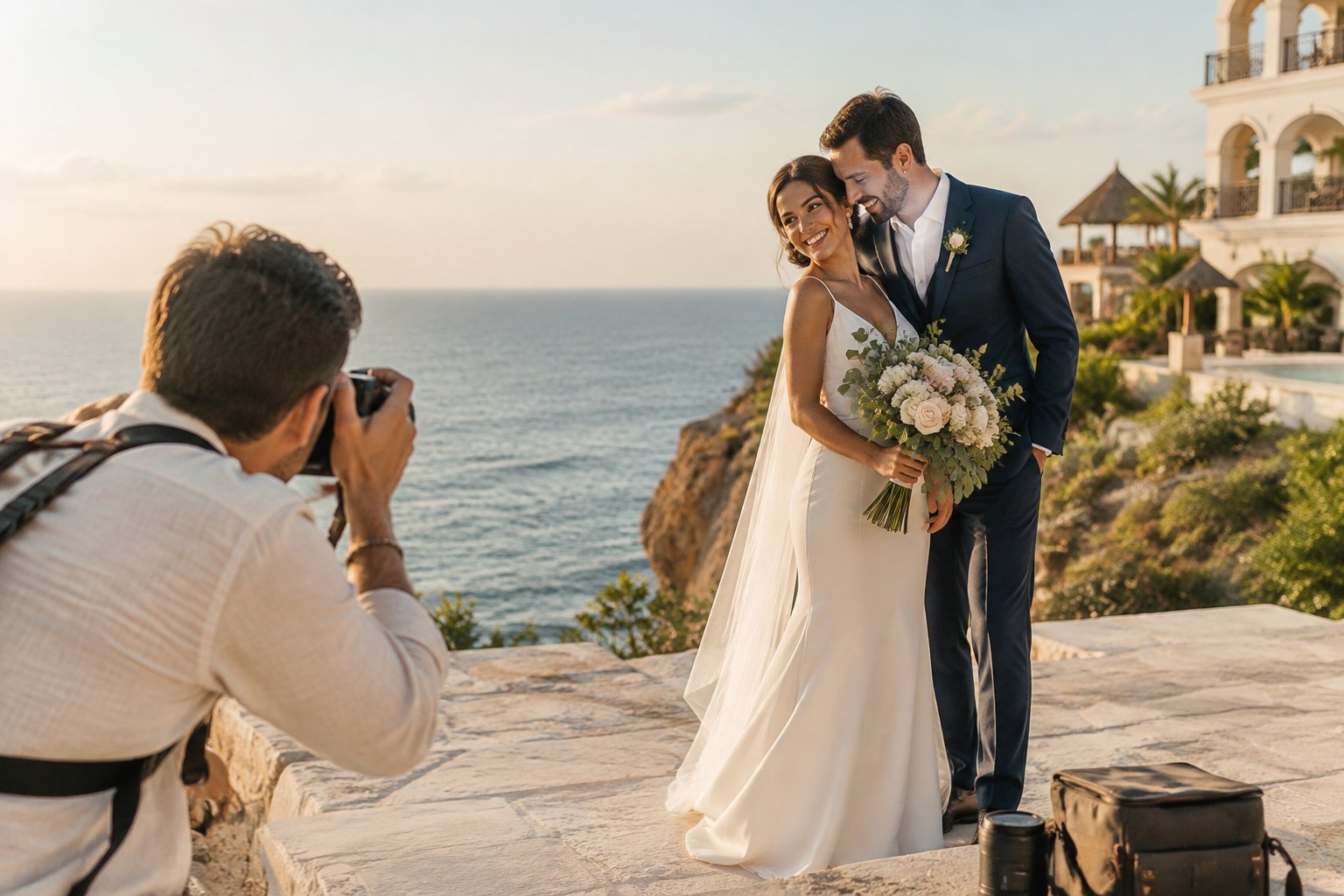 A newlywed couple poses by a sunny tropical coastline while a wedding photographer takes their picture.