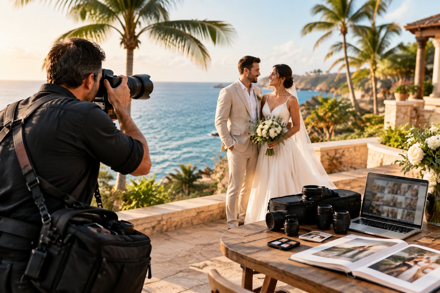 A wedding photographer photographs a couple at a scenic coastal destination wedding.