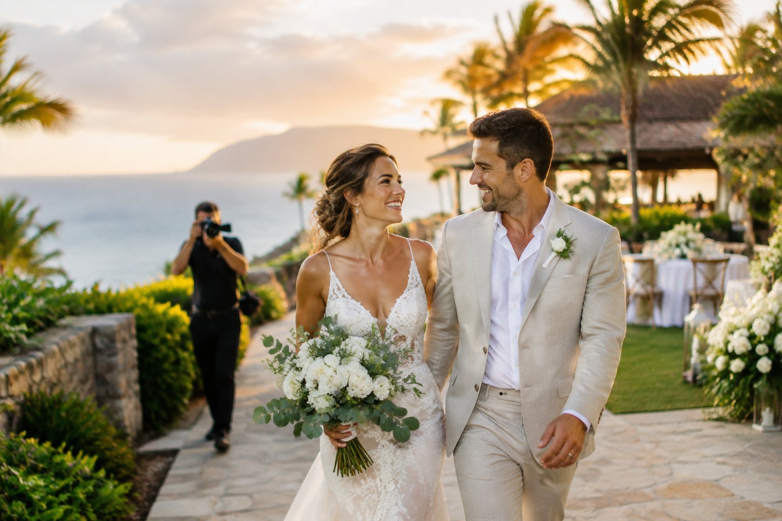 Newlywed couple walking together at a scenic seaside wedding destination while a photographer captures the moment.