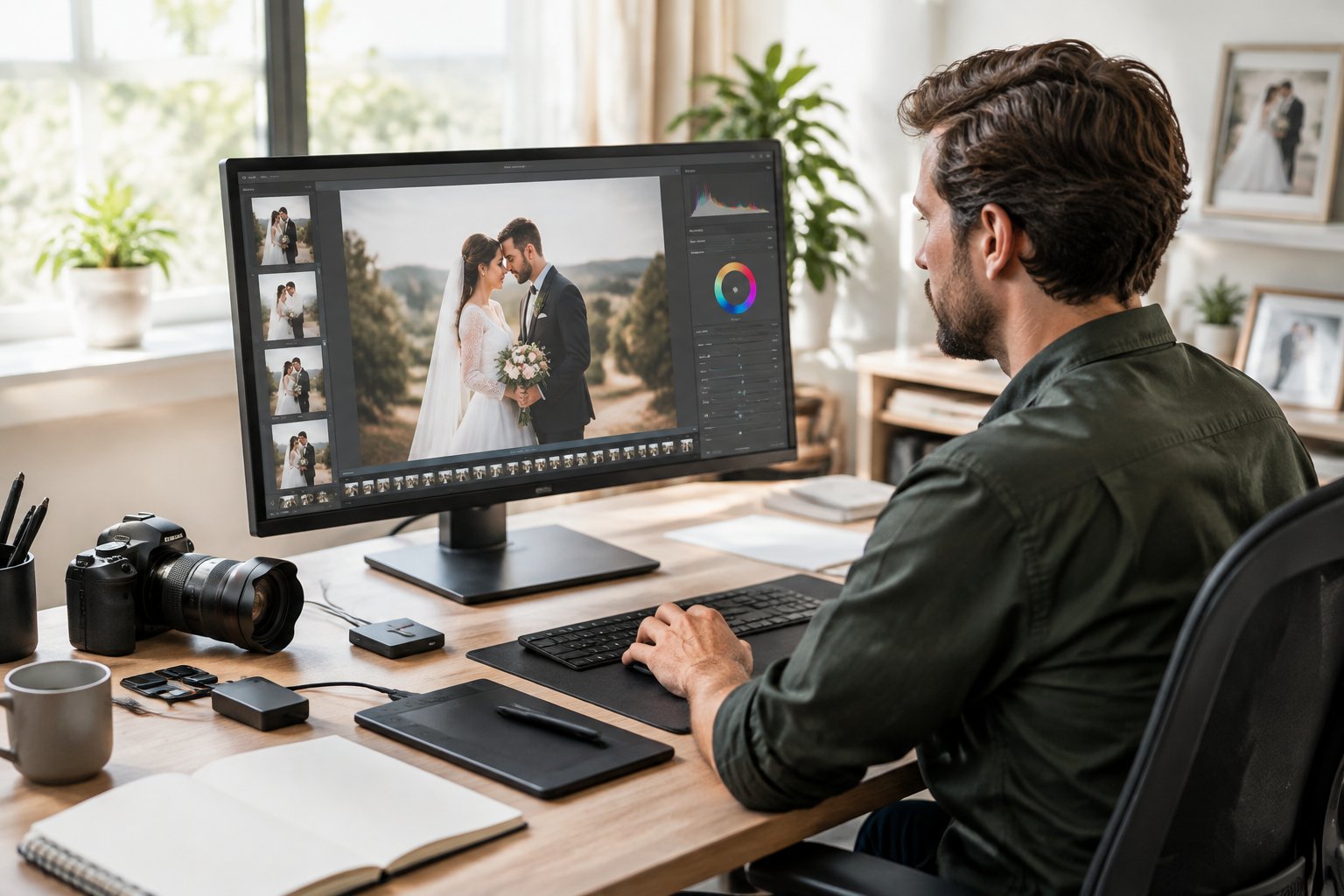 A wedding photographer edits a wedding photograph on a computer in a bright studio.