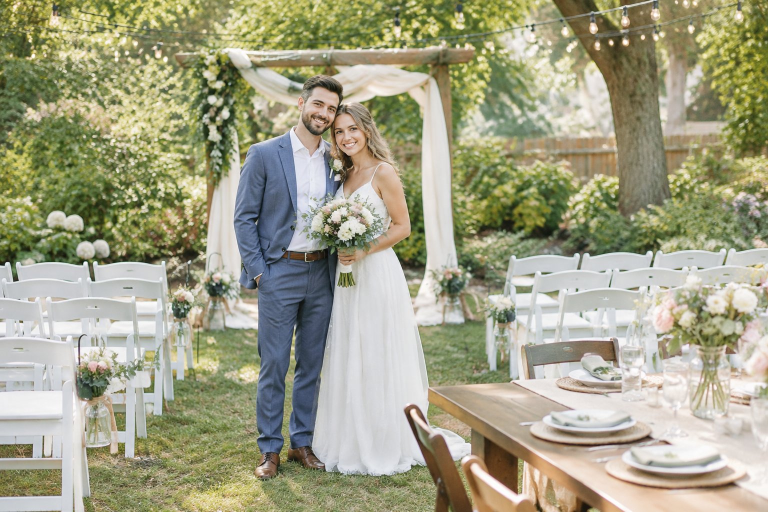 A happy couple stands beneath a simple flower-decorated arbor at an affordable outdoor wedding venue.