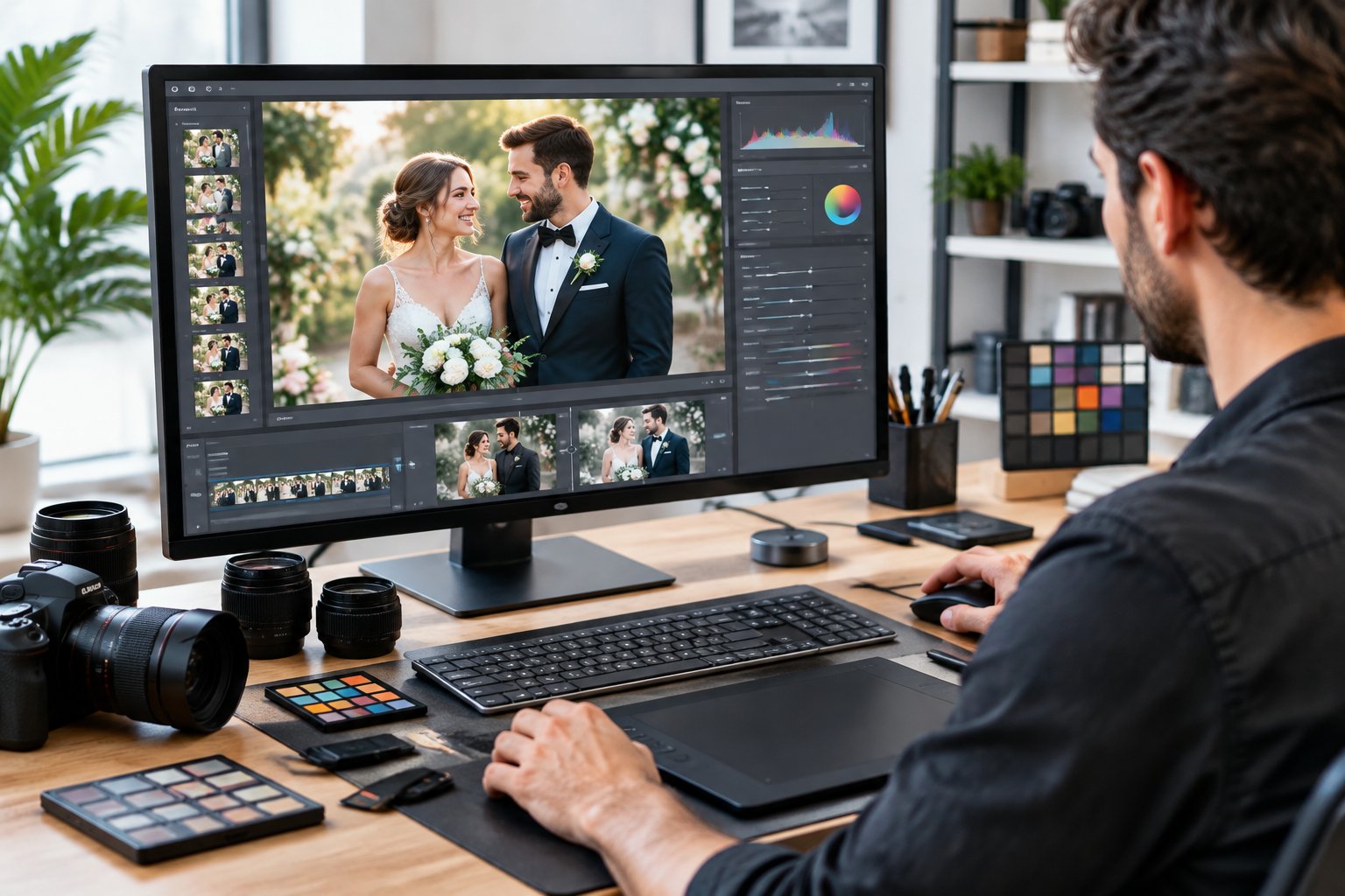 A photographer edits a wedding photograph on a computer in a professional workspace.