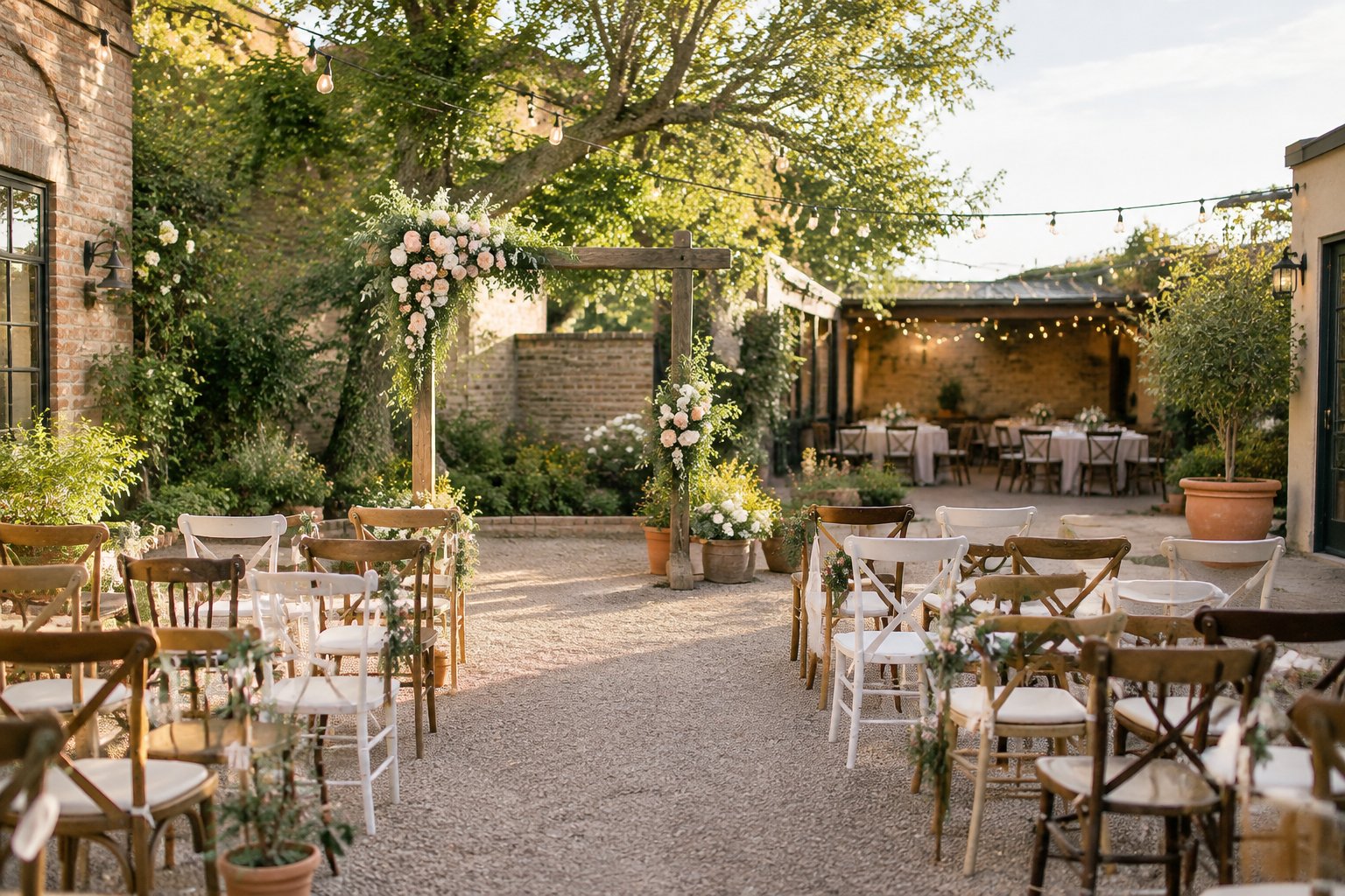 A charming garden wedding venue with a flower-decorated arbor, simple chairs, string lights, and a cozy reception area.