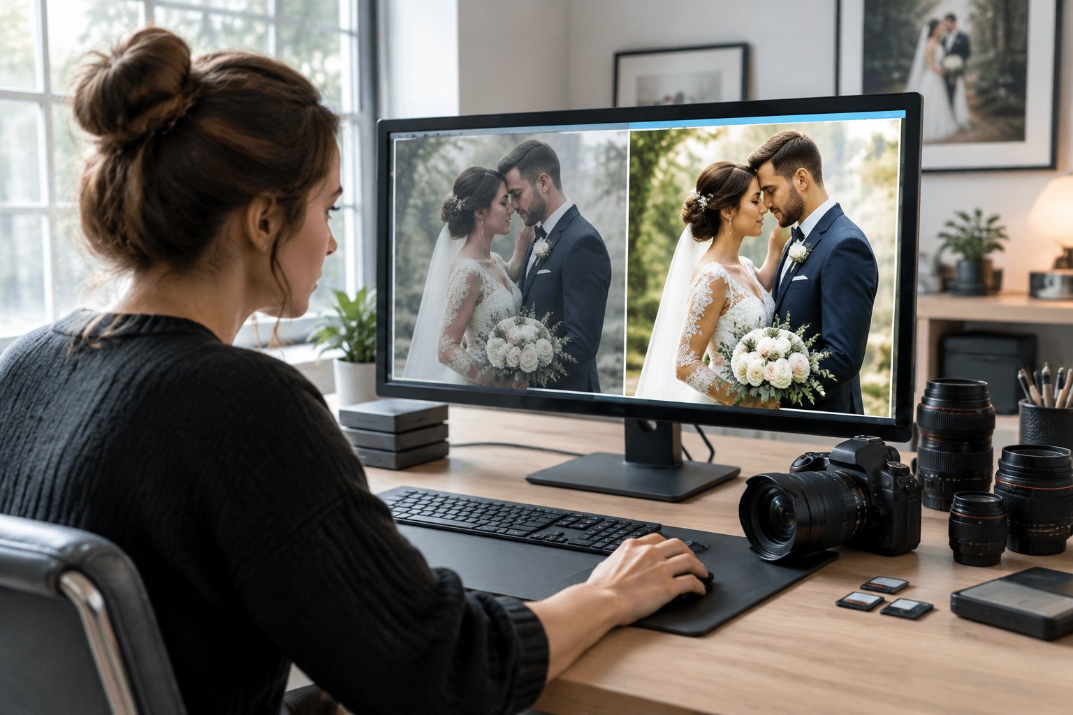 A wedding photographer reviews a couple’s portrait on a computer in a bright editing studio.