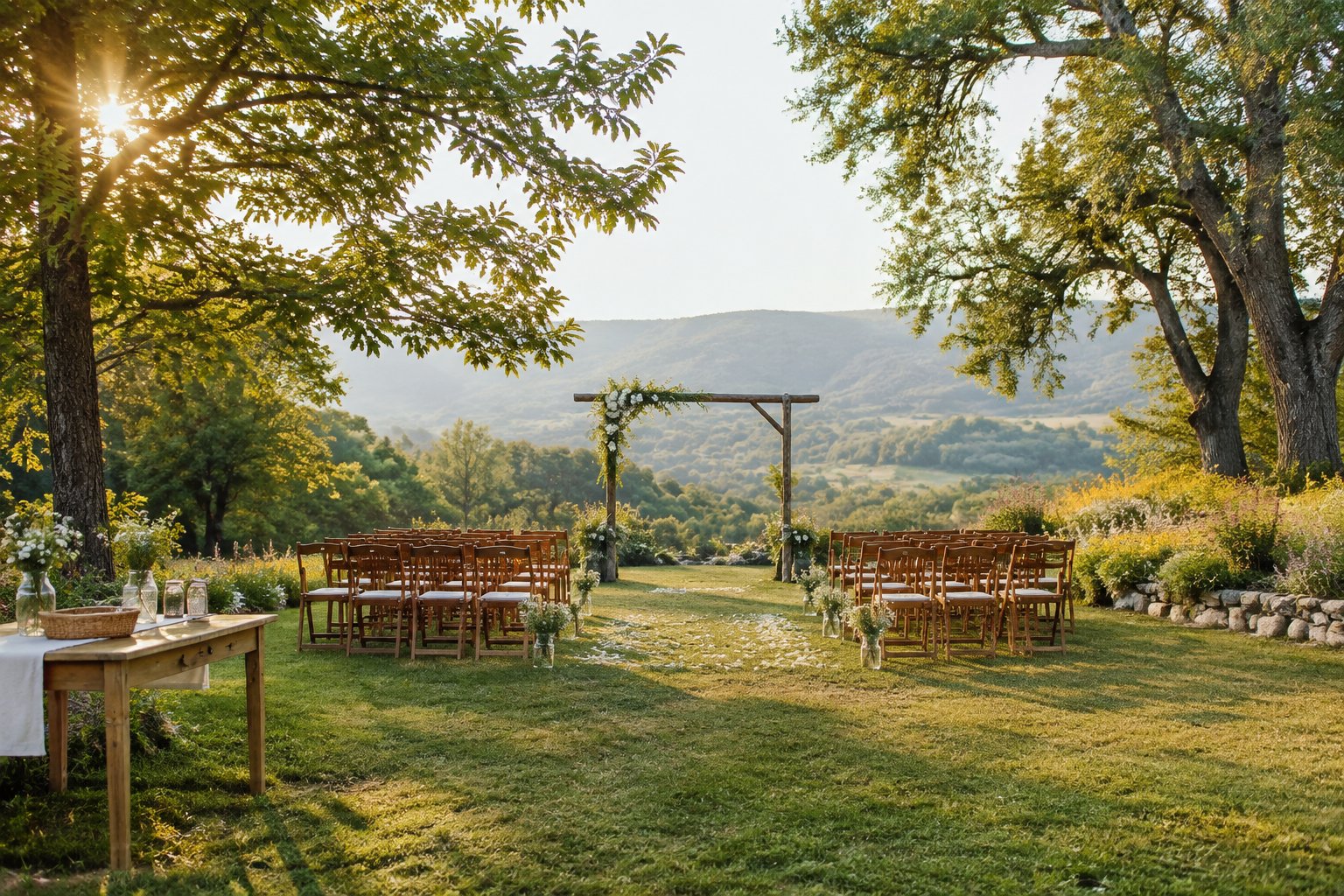 A small outdoor wedding ceremony setup beneath a flower-decorated arbor in a sunny garden surrounded by trees and hills.
