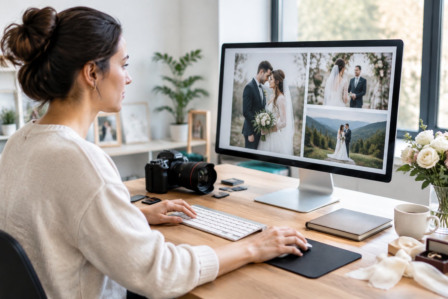 A photographer edits wedding photos on a computer beside a professional camera.