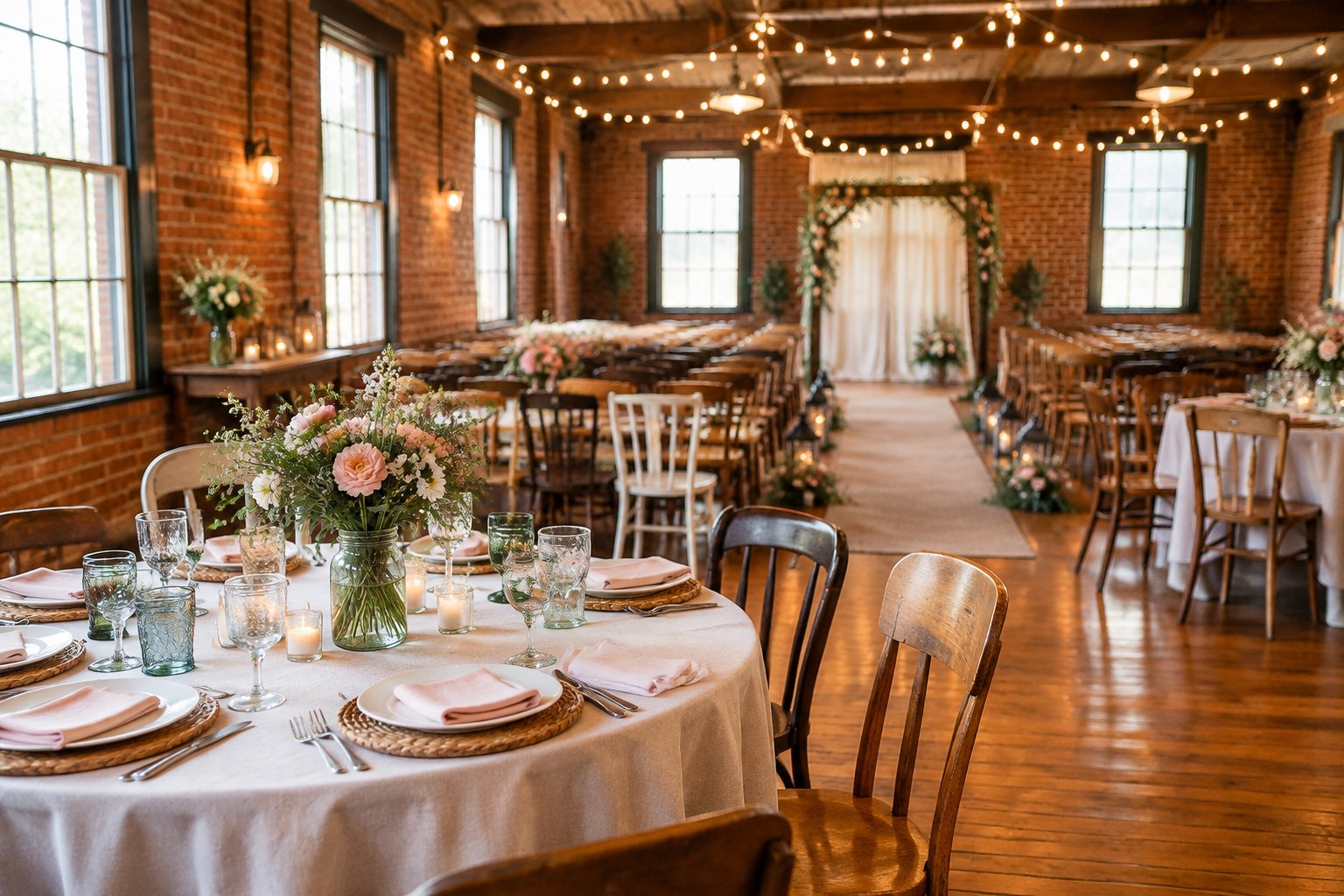 A cozy indoor wedding venue with vintage furnishings, simple floral decorations, string lights, and an intimate reception setup.