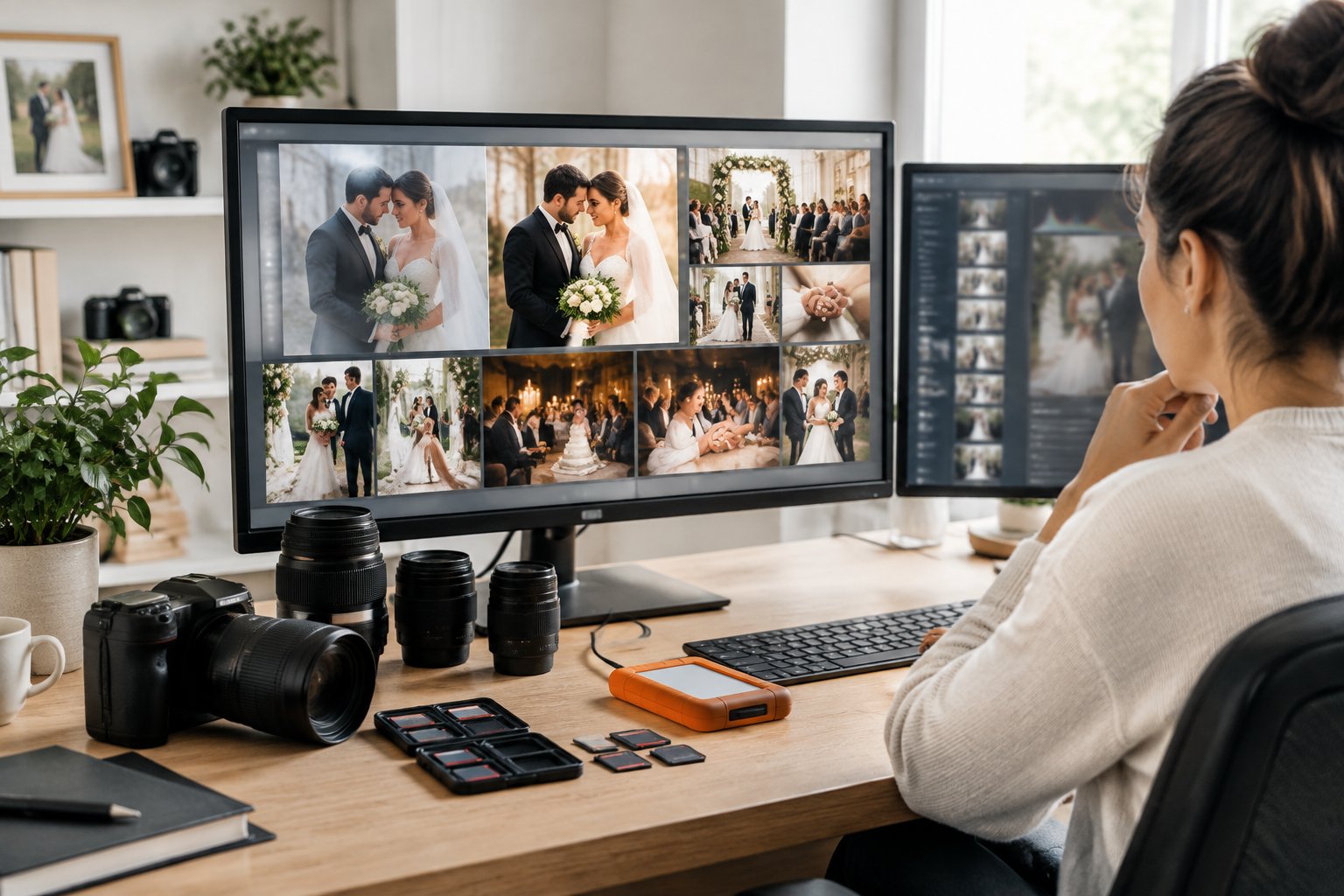 A wedding photographer reviews edited wedding photos on a computer beside camera equipment and an external hard drive.