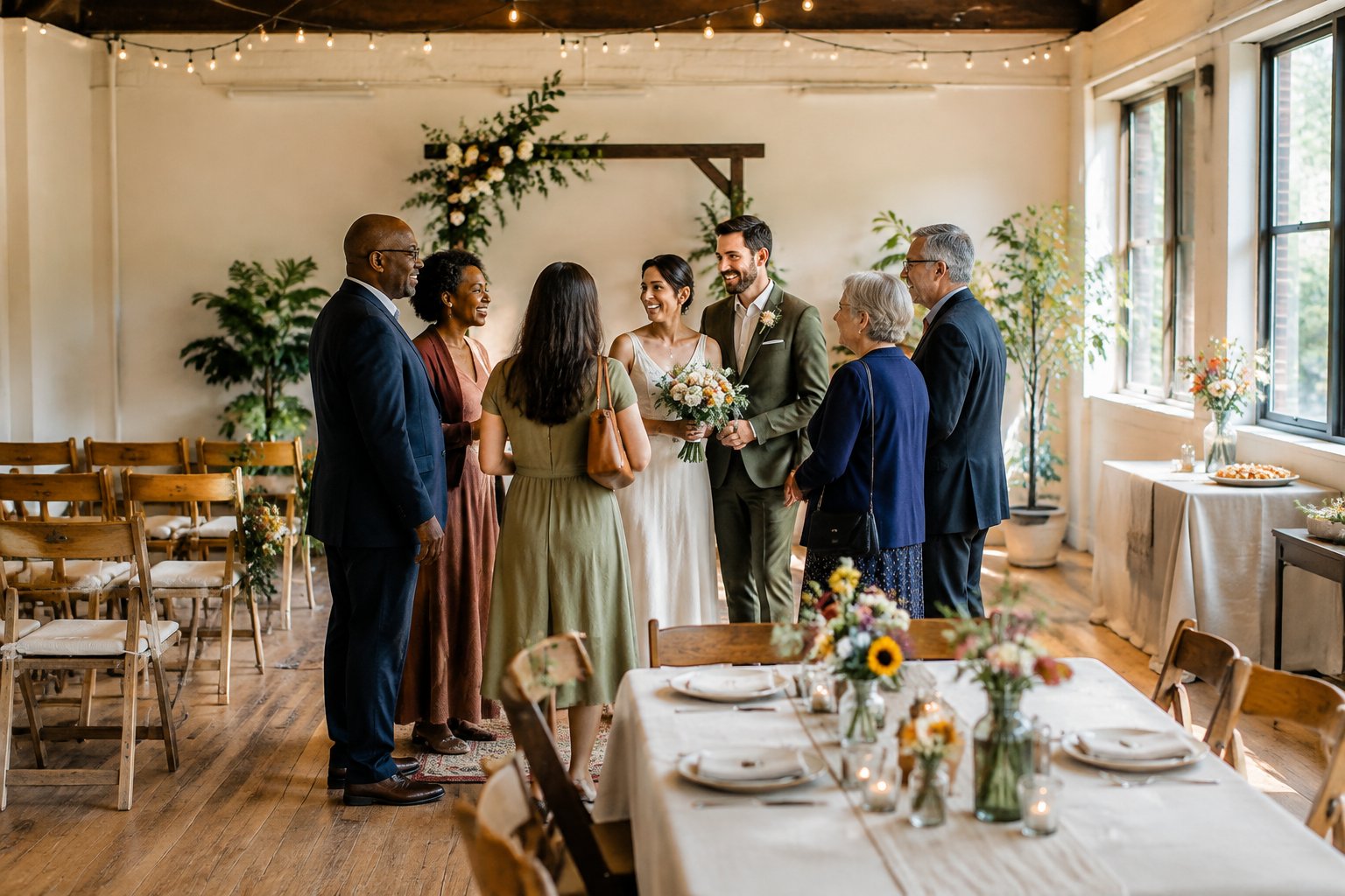 A newlywed couple celebrates with family and friends in a warmly decorated small venue.