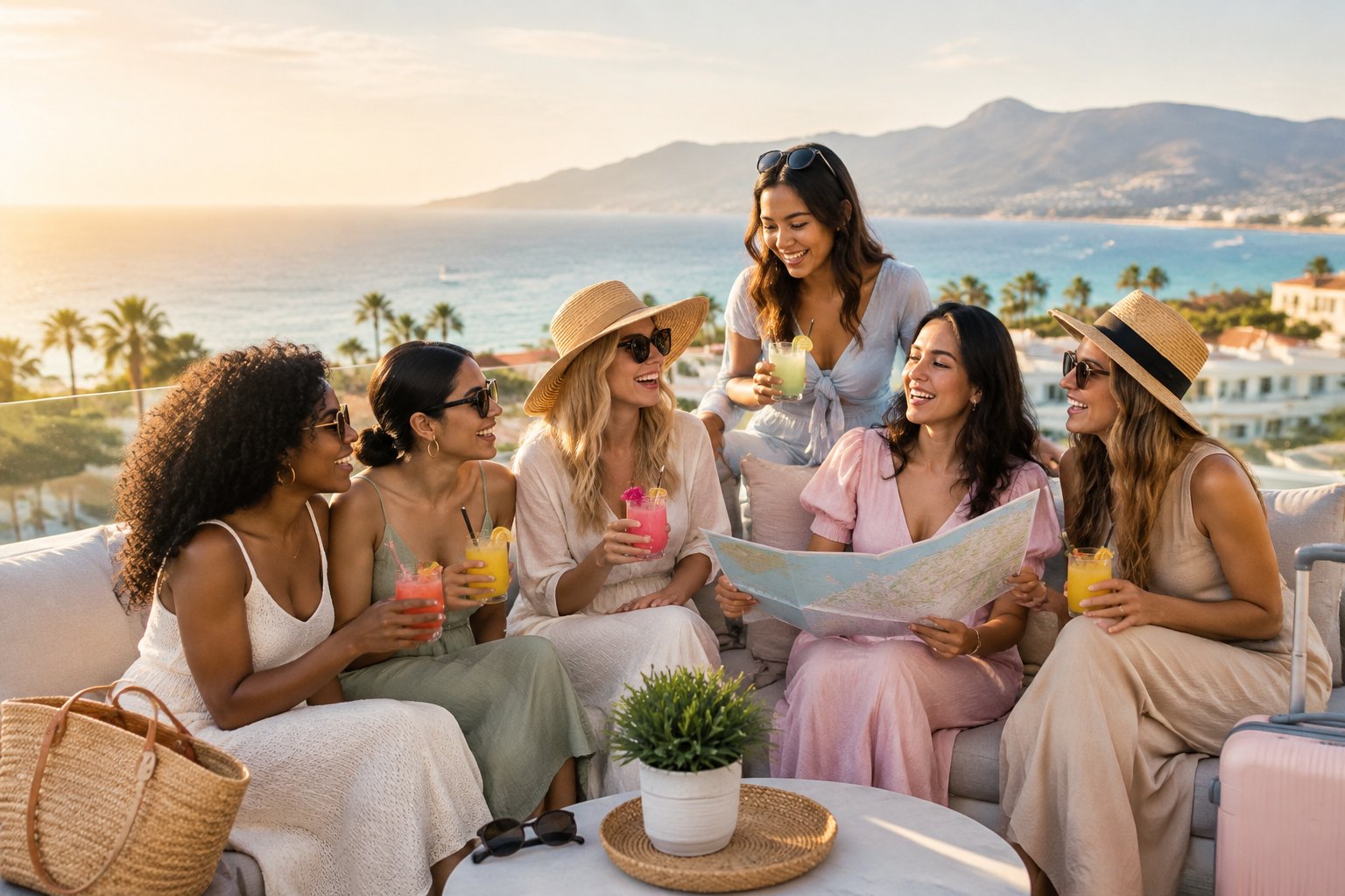 A group of friends celebrating together on a sunny rooftop overlooking a tropical coastal destination.