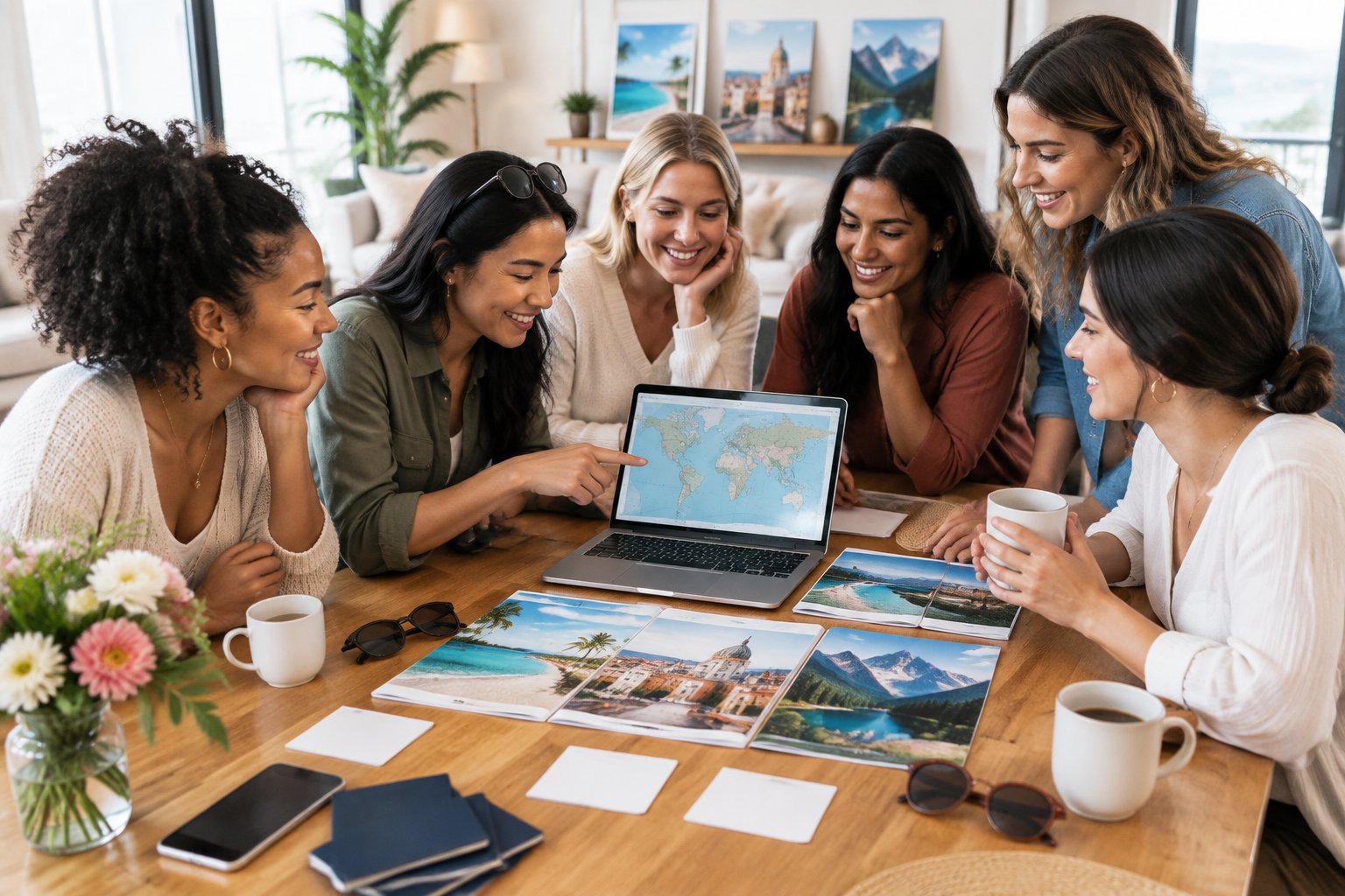 A group of friends compares travel options around a table while planning a bachelorette party getaway.