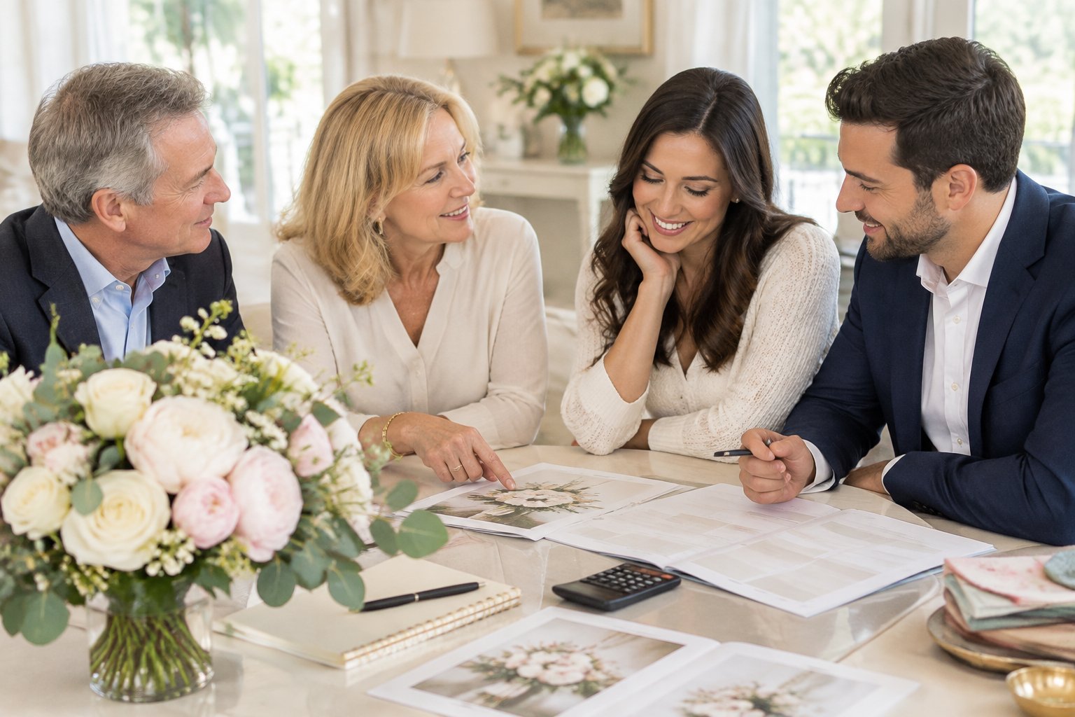 An engaged couple discusses wedding flowers and budgeting with the groom’s parents at a dining table.