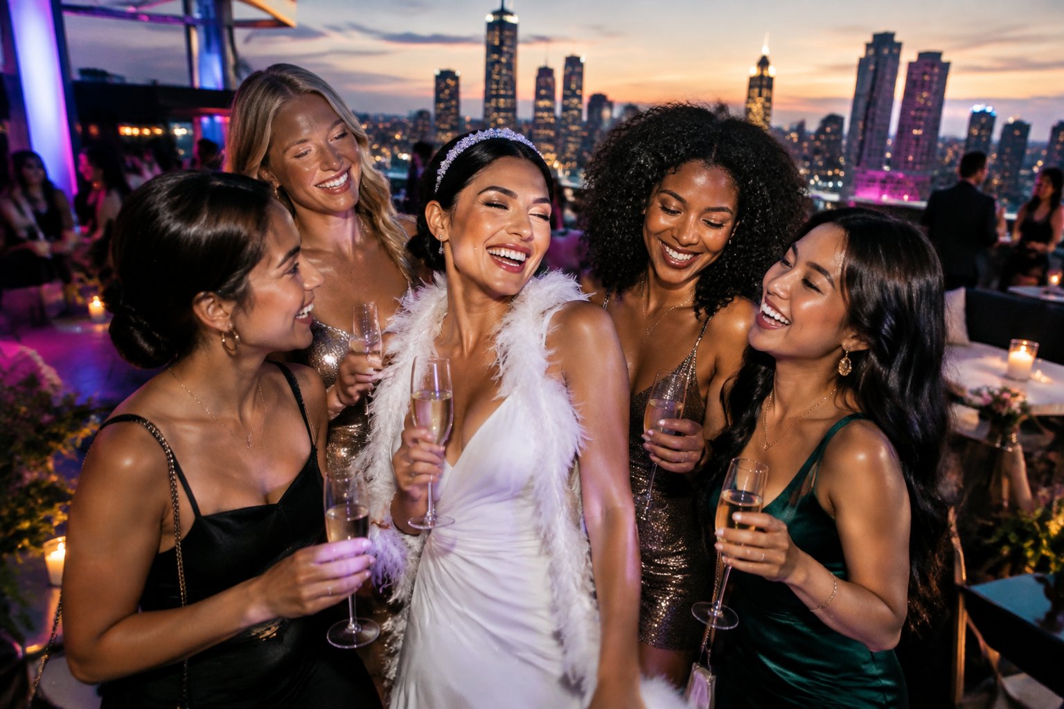 A group of women celebrating together at a lively rooftop lounge overlooking a city skyline.