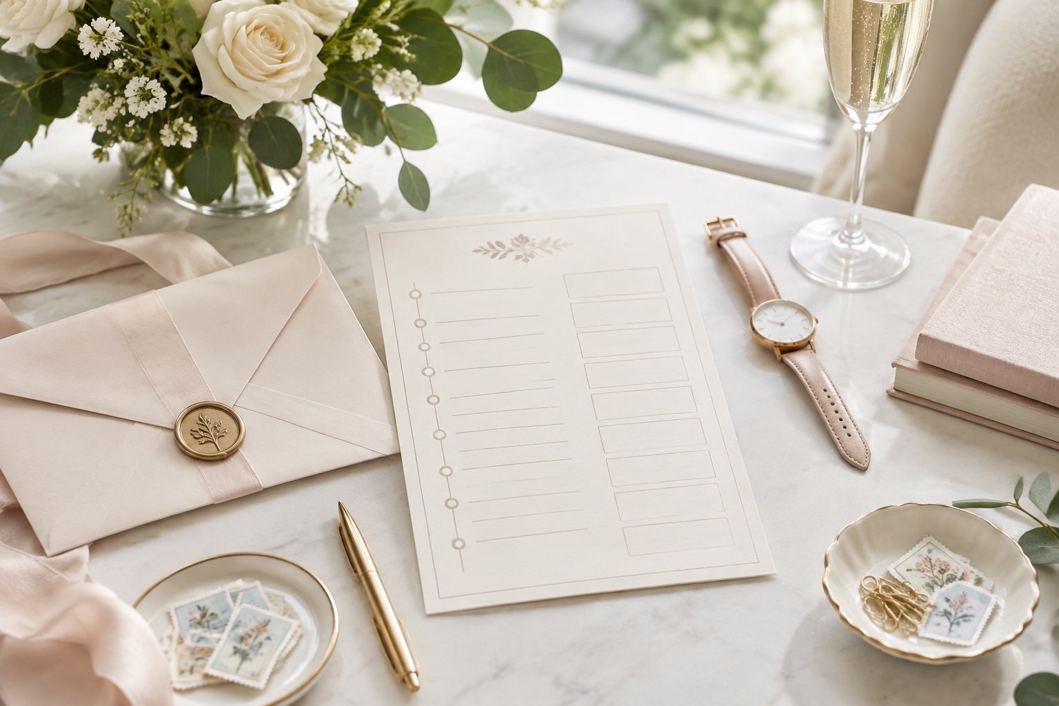 Wedding planning materials arranged on an elegant desk with flowers, a watch, stationery, and a champagne glass.