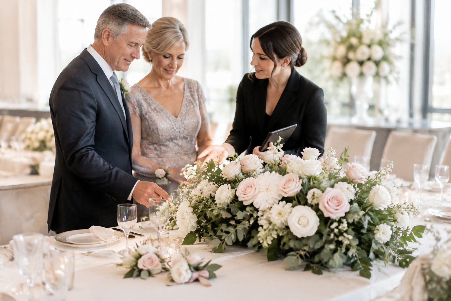 An older couple reviews elegant wedding flowers with a florist at a reception venue.