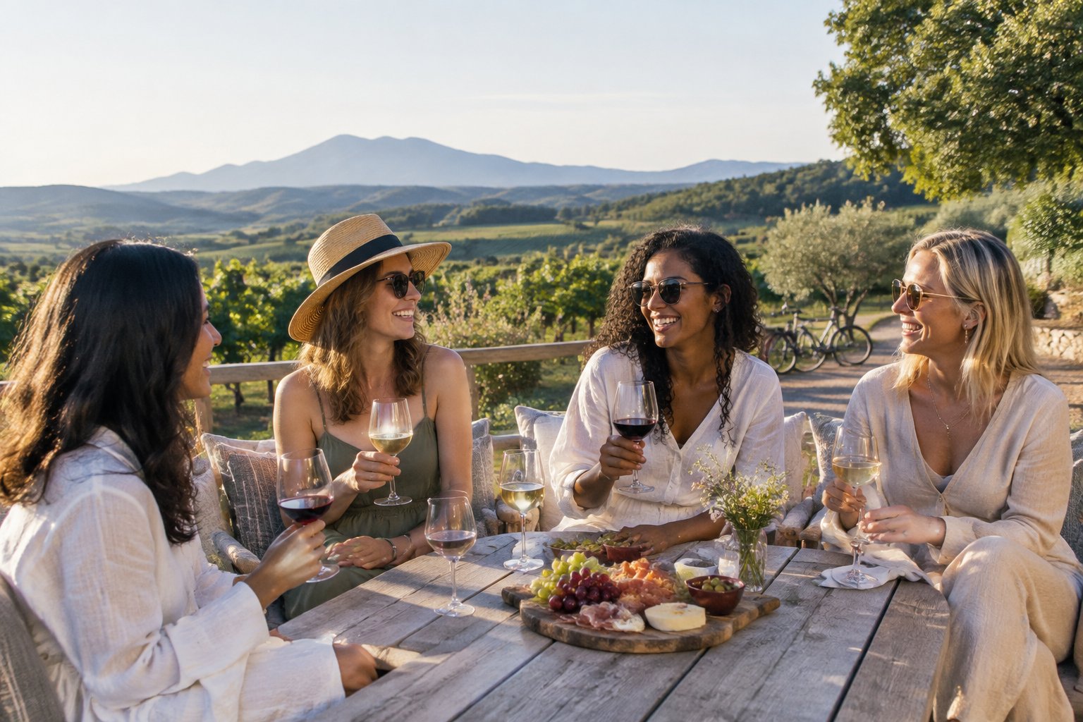 A group of friends relaxing with wine on a vineyard terrace overlooking green hills and mountains.