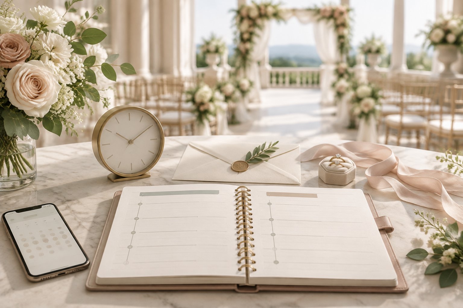 A wedding planning workspace with a blank planner, clock, invitation envelope, rings, and soft floral decor.