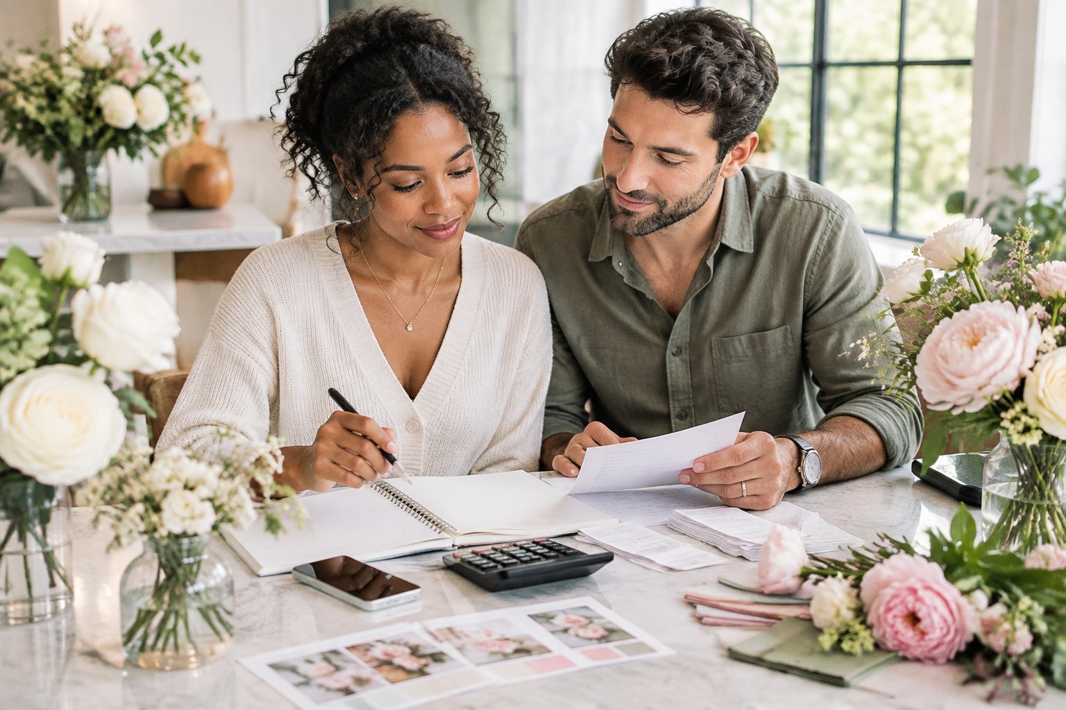An engaged couple reviews wedding flowers and a budget together at a table.
