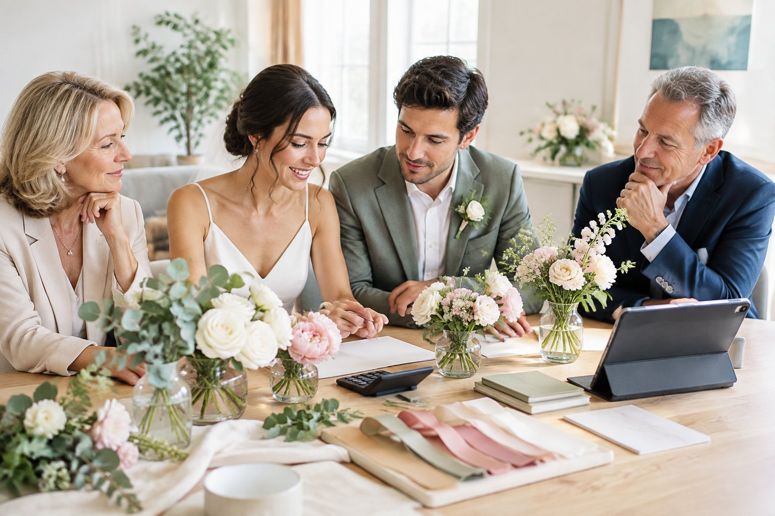 A couple and the groom's parents discuss wedding flower arrangements and budgeting around a planning table.