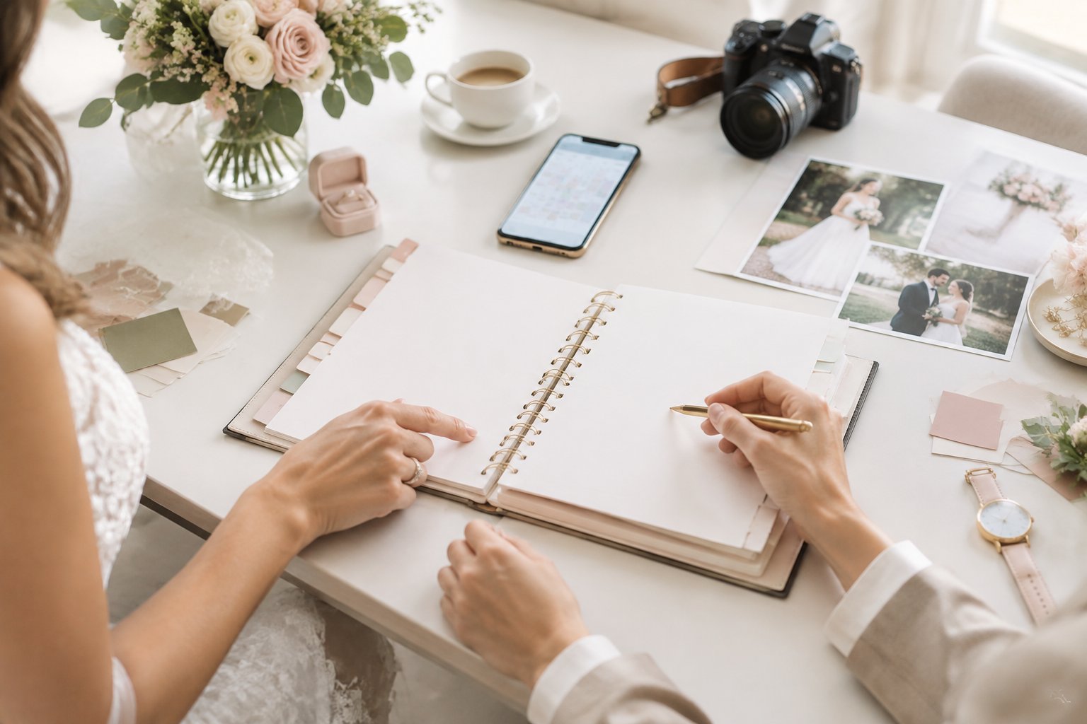A couple and wedding planner review a wedding-day schedule at an organized desk.