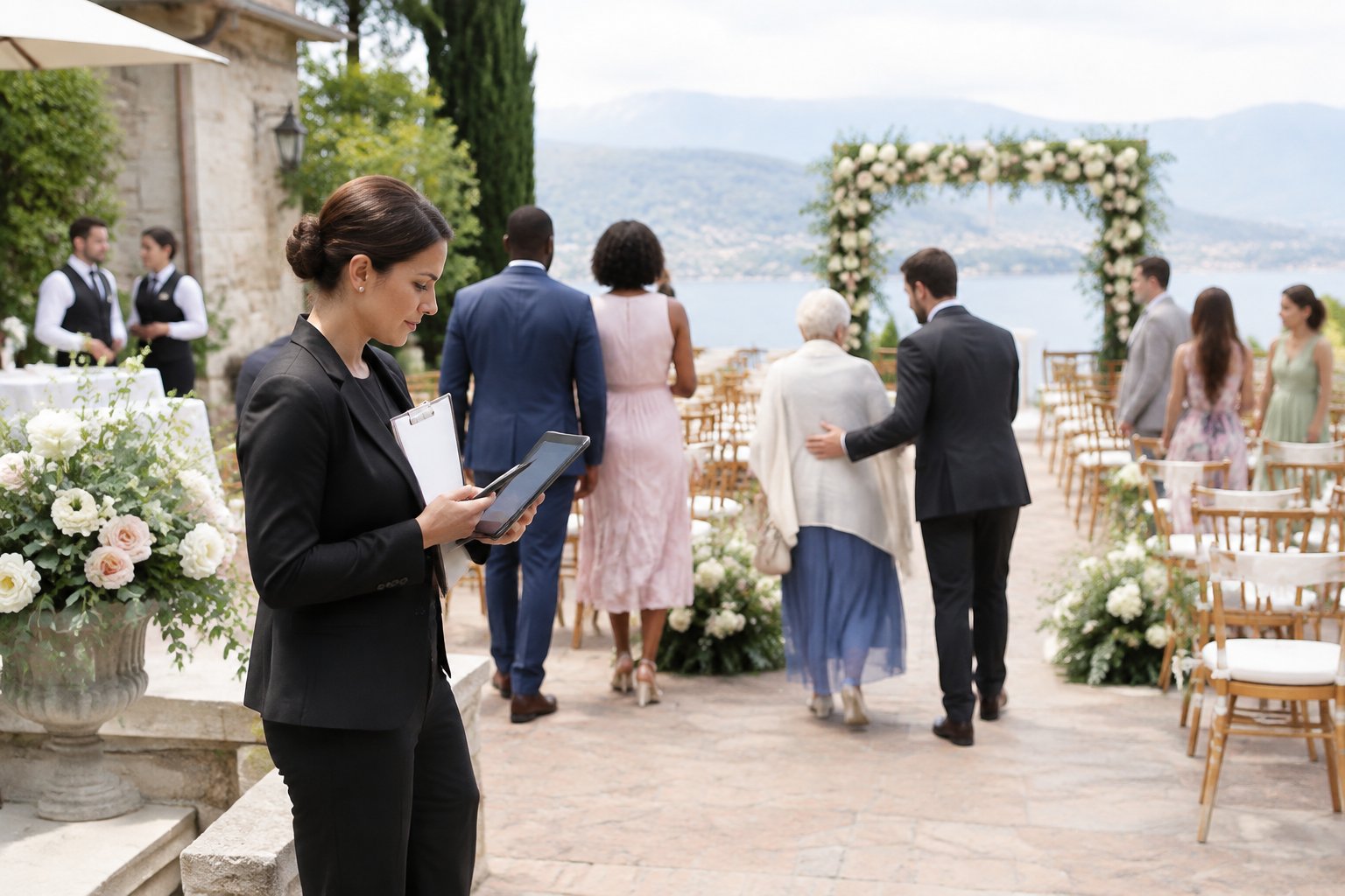 A wedding coordinator guides arriving guests near an elegantly arranged outdoor ceremony space.